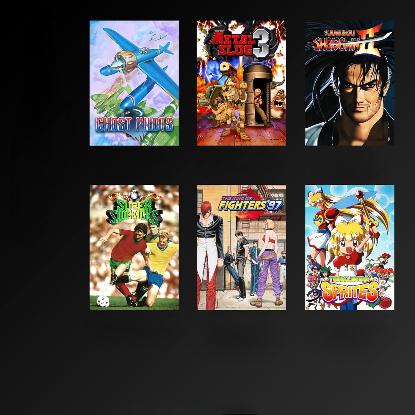Sześć retro okładek gier arcade przedstawia akcję, samoloty, piłkę nożną i postacie anime na czarnym tle.