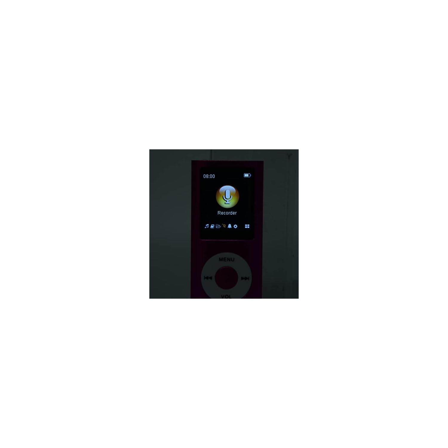 Ein pinkfarbener MP3-Player mit beleuchtetem Bildschirm und einem Mikrofon-Symbol im Menü.