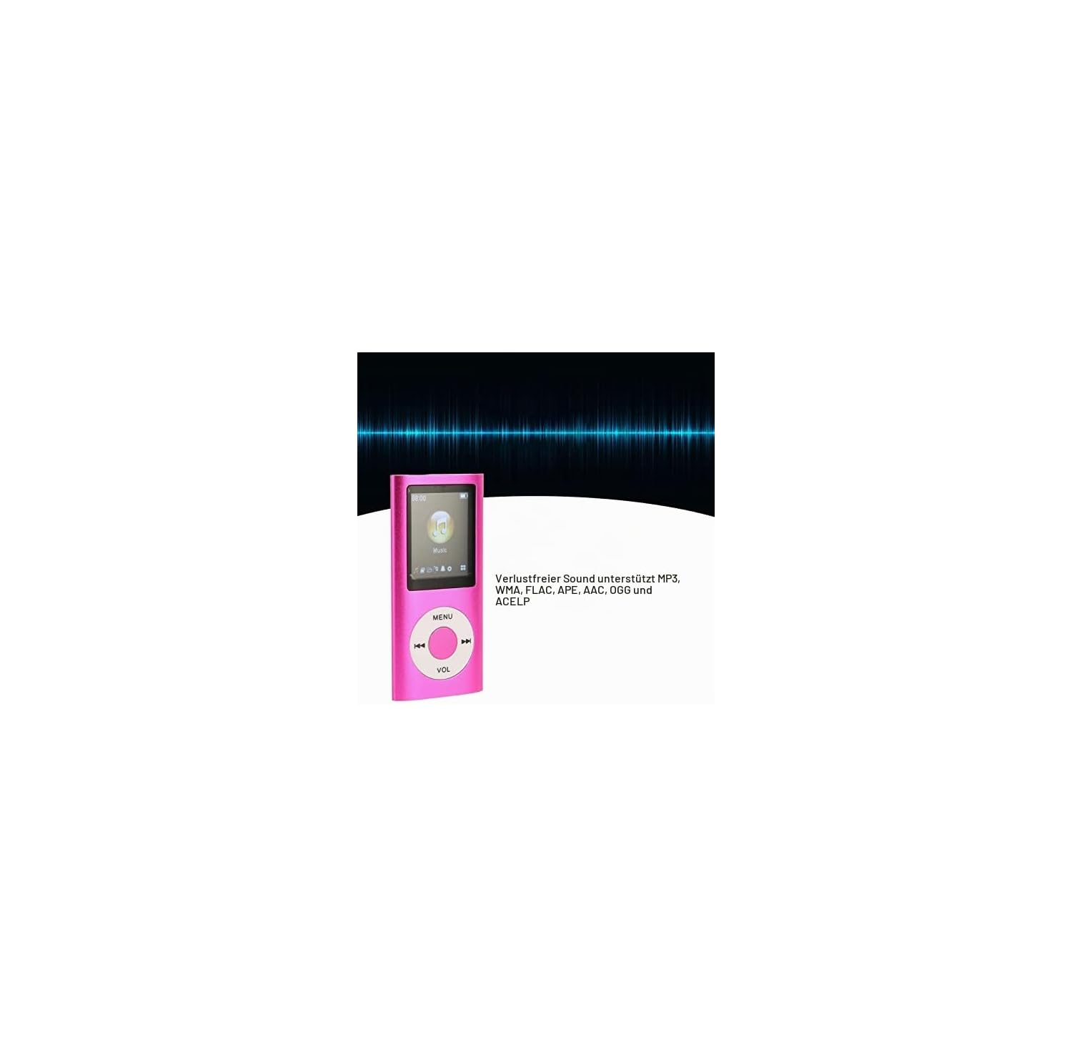 Ein pinker MP3-Player vor schwarzem Hintergrund mit blauen Soundwellen.