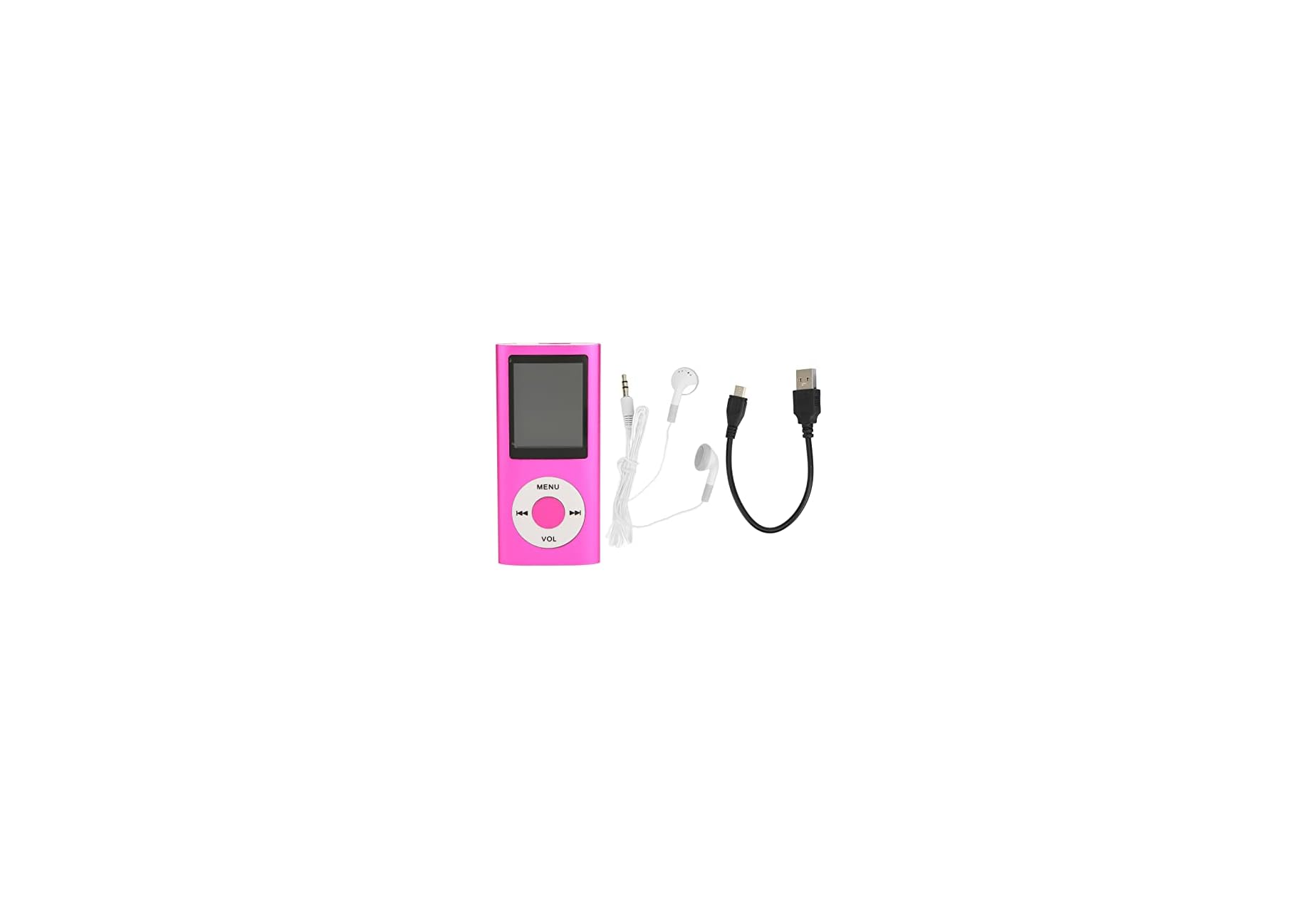 Rosa MP3-Player mit weißen Kopfhörern und schwarzem USB-Kabel auf weißem Hintergrund.