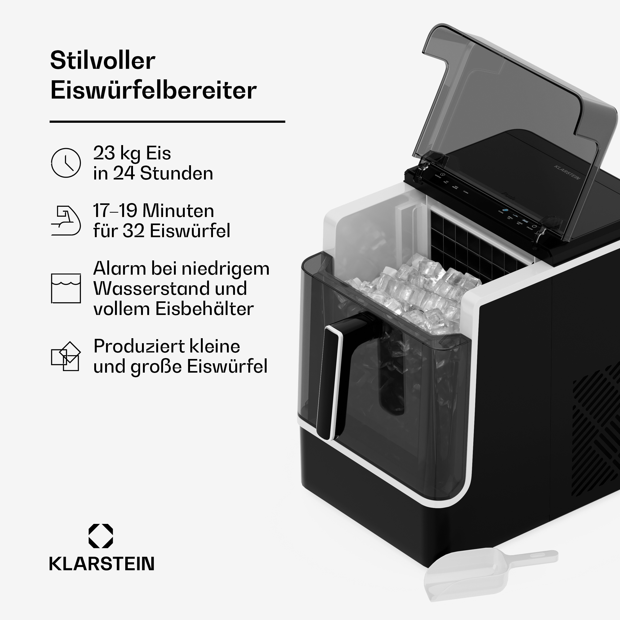 Stilvoller schwarzer Eiswürfelbereiter mit offenem Deckel, vollem Eisbehälter und Eisschaufel auf weißem Hintergrund.