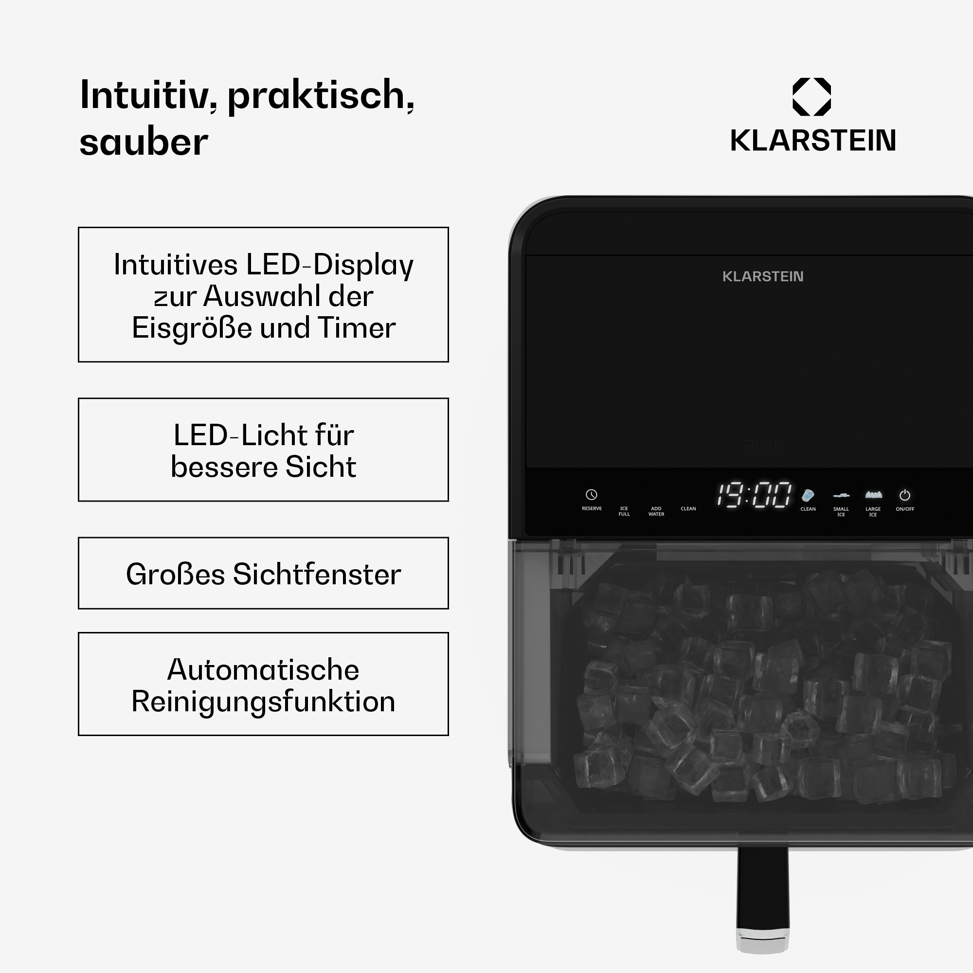 Schwarze Klarstein Eismaschine mit digitalem Display, transparentem Eisbehälter und Funktions-Textfeldern.
