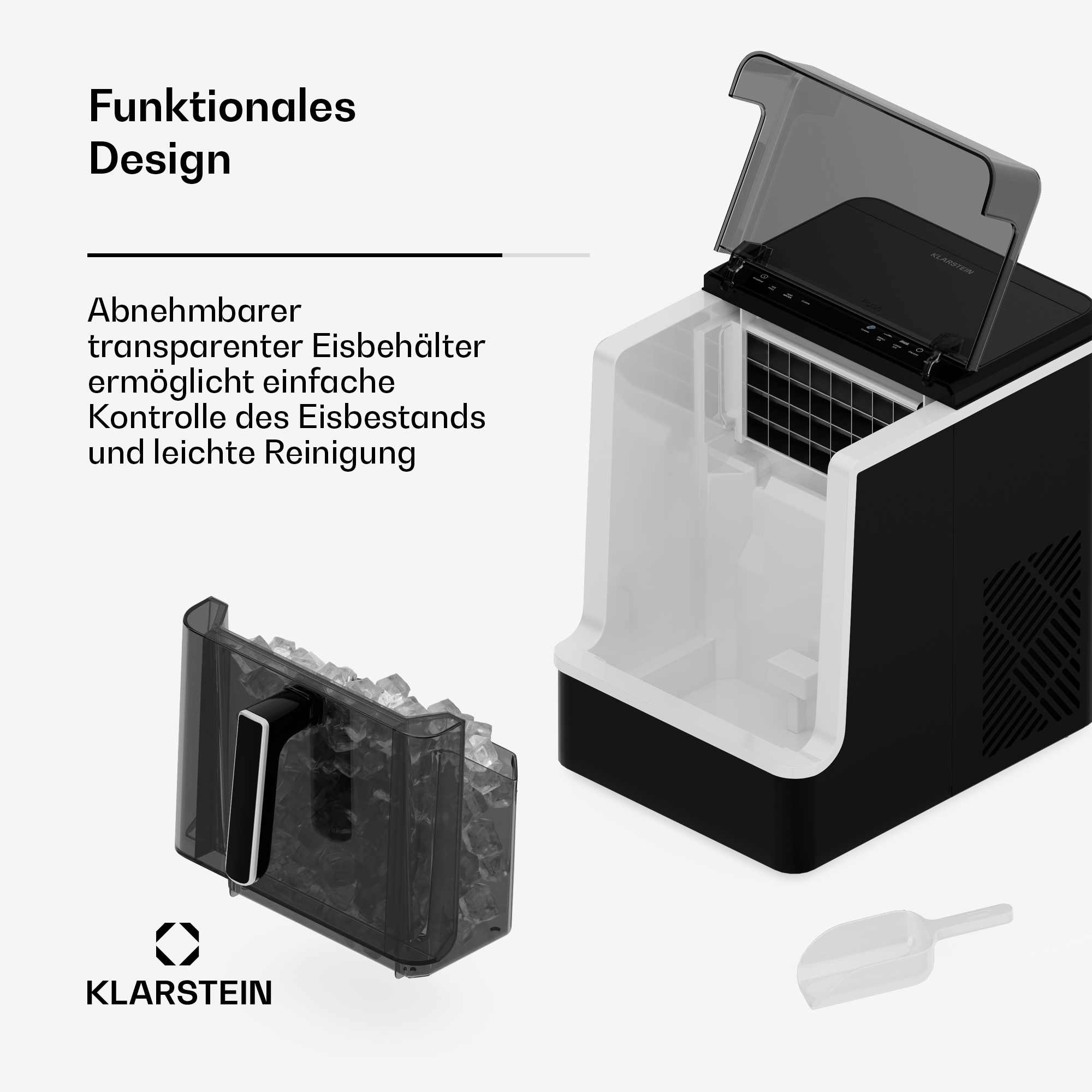 Schwarzer Eisbereiter mit offenem Deckel, herausnehmbarem transparenten Korb voller Eiswürfel und weißer Eisschaufel.