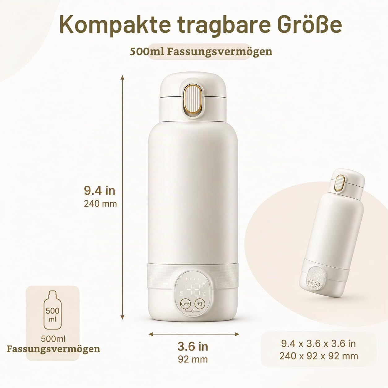Weiße tragbare Thermoskanne mit 500ml Fassungsvermögen, Maßen und digitalem Display.
