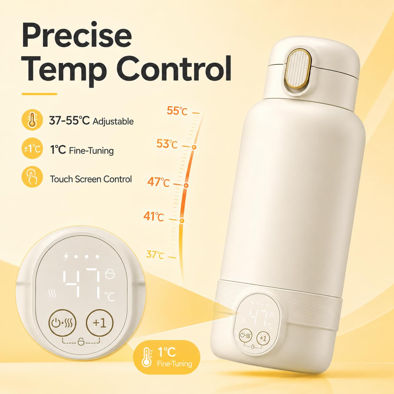 Beige Thermoskanne mit digitaler Temperaturanzeige und präziser Touch-Steuerung für 37-55°C.