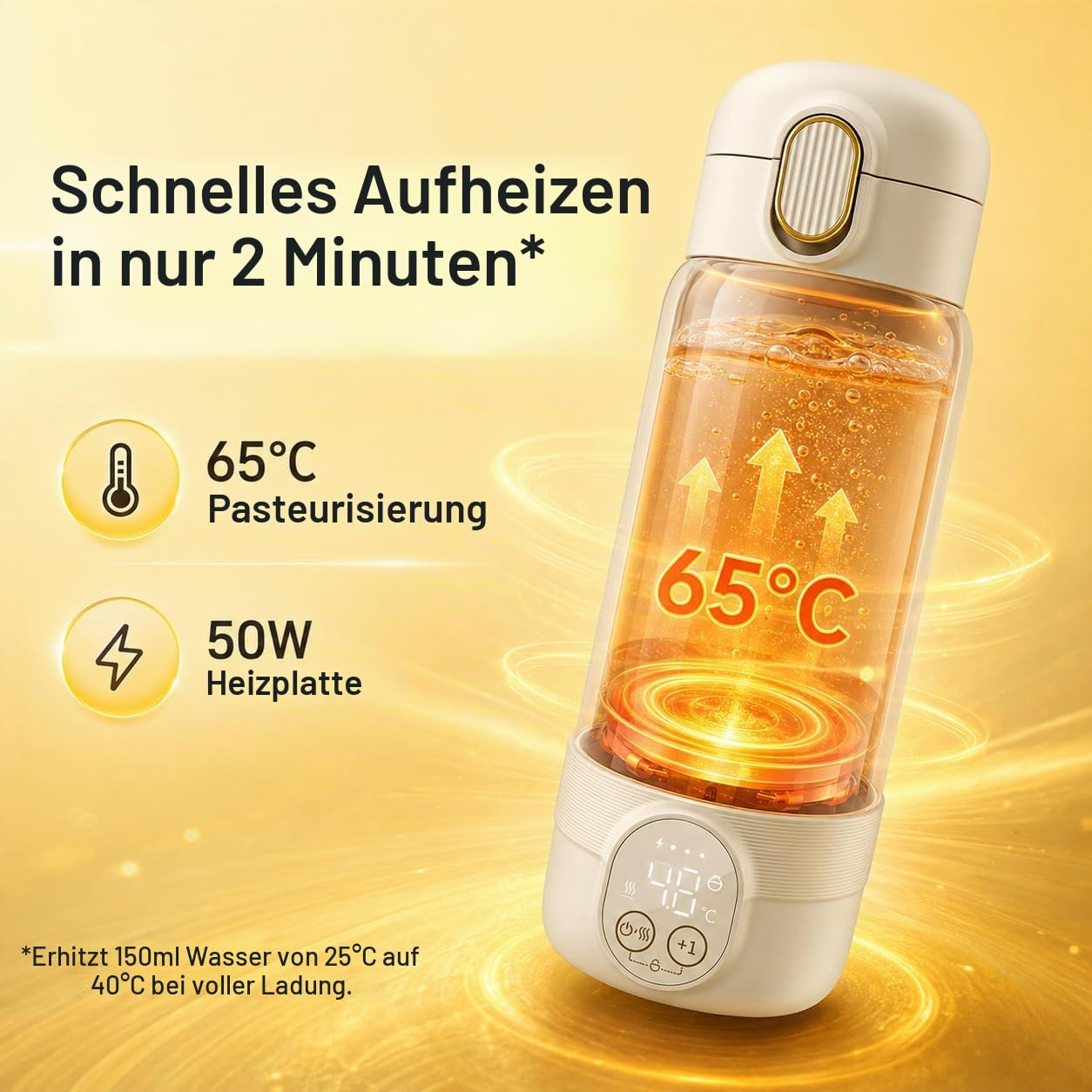 Eine tragbare Thermoflasche mit 65 Grad Erhitzung und 50W Heizplatte auf gelbem Hintergrund.