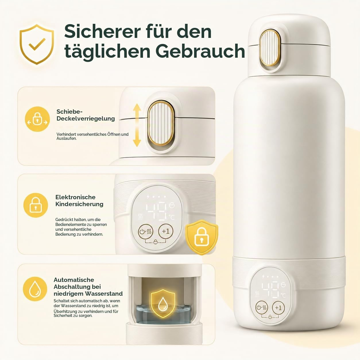 Weisse Thermosflasche mit Sicherheitsverschluss, elektronischer Kindersicherung und automatischer Abschaltung.