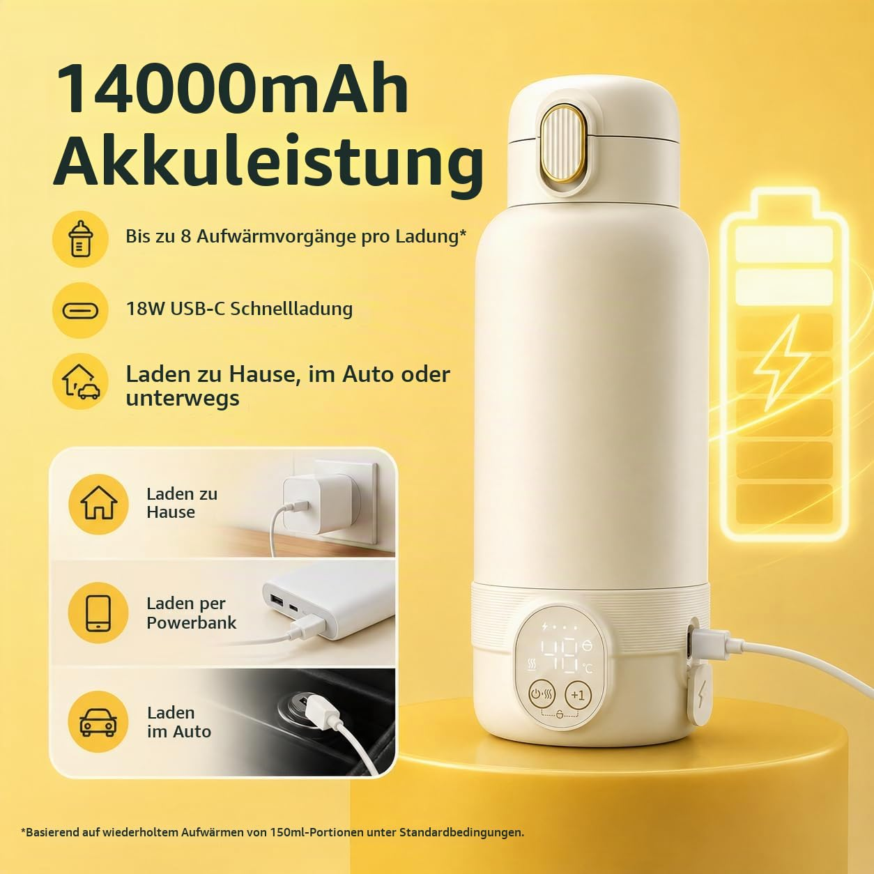 Beige Thermoskanne mit Akkuanzeige und USB-C-Kabel auf gelbem Hintergrund.