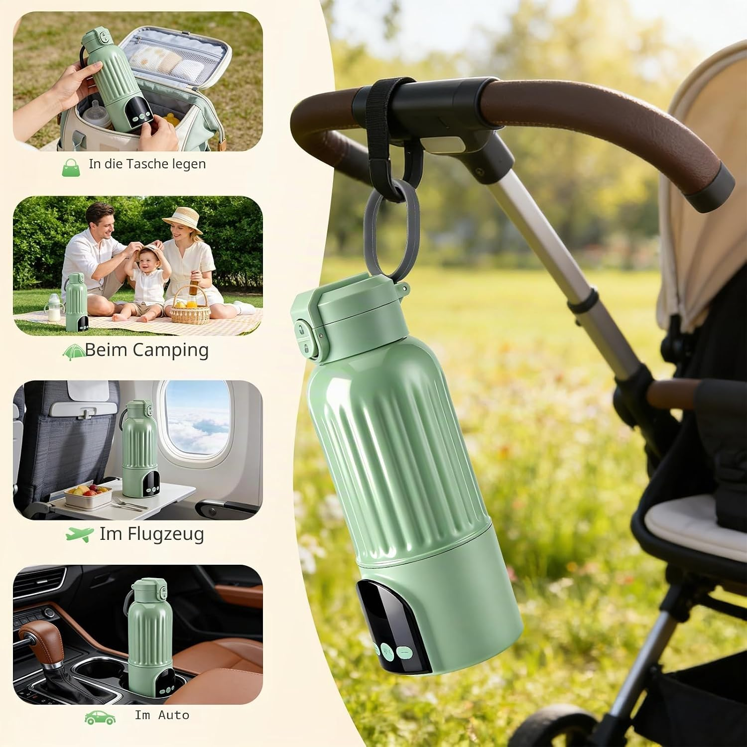 Grüne Thermosflasche mit digitalem Display hängt an einem Kinderwagen, mit kleinen Bildern von Nutzungsszenarien.