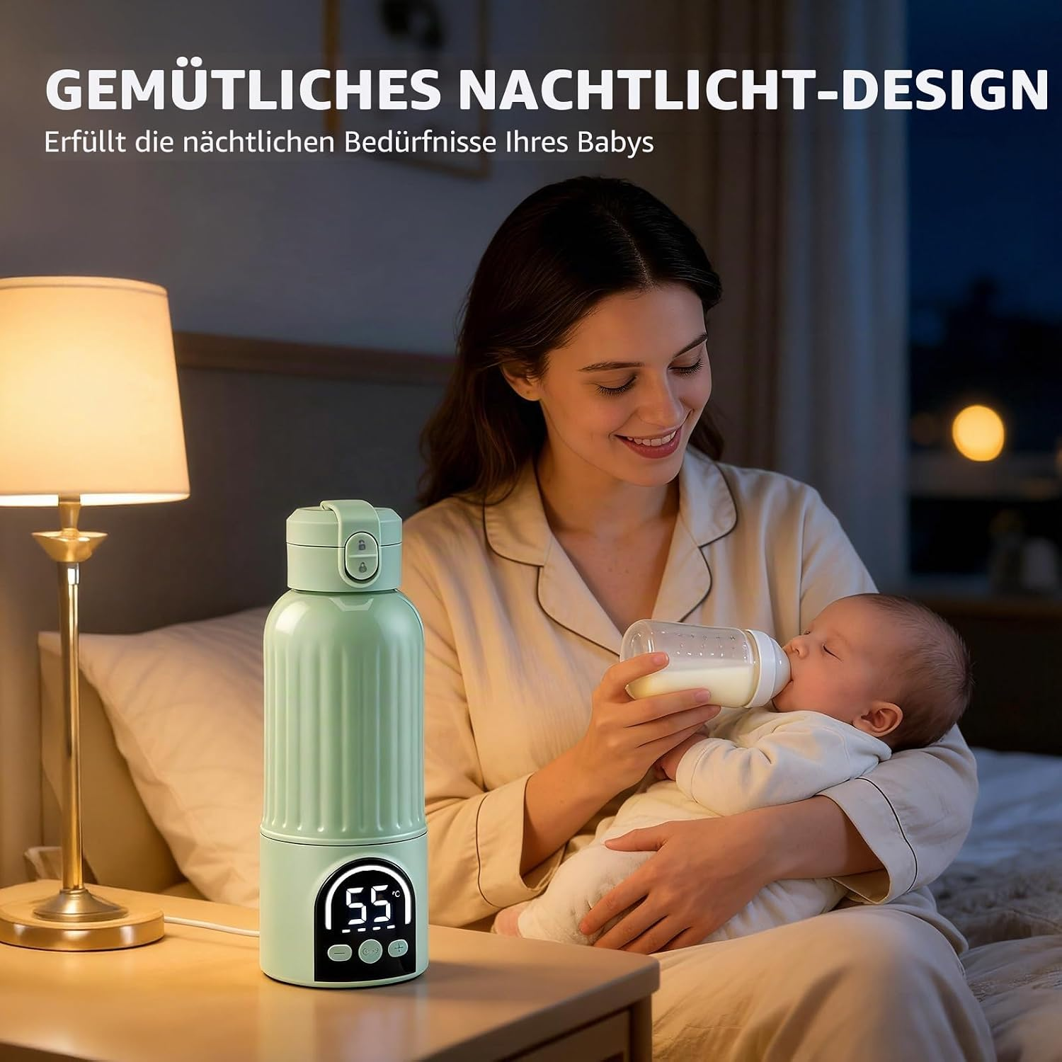 Eine Frau hält im abgedunkelten Zimmer ein Baby und füttert es mit der Flasche, daneben ein elektrischer Flaschenwärmer.