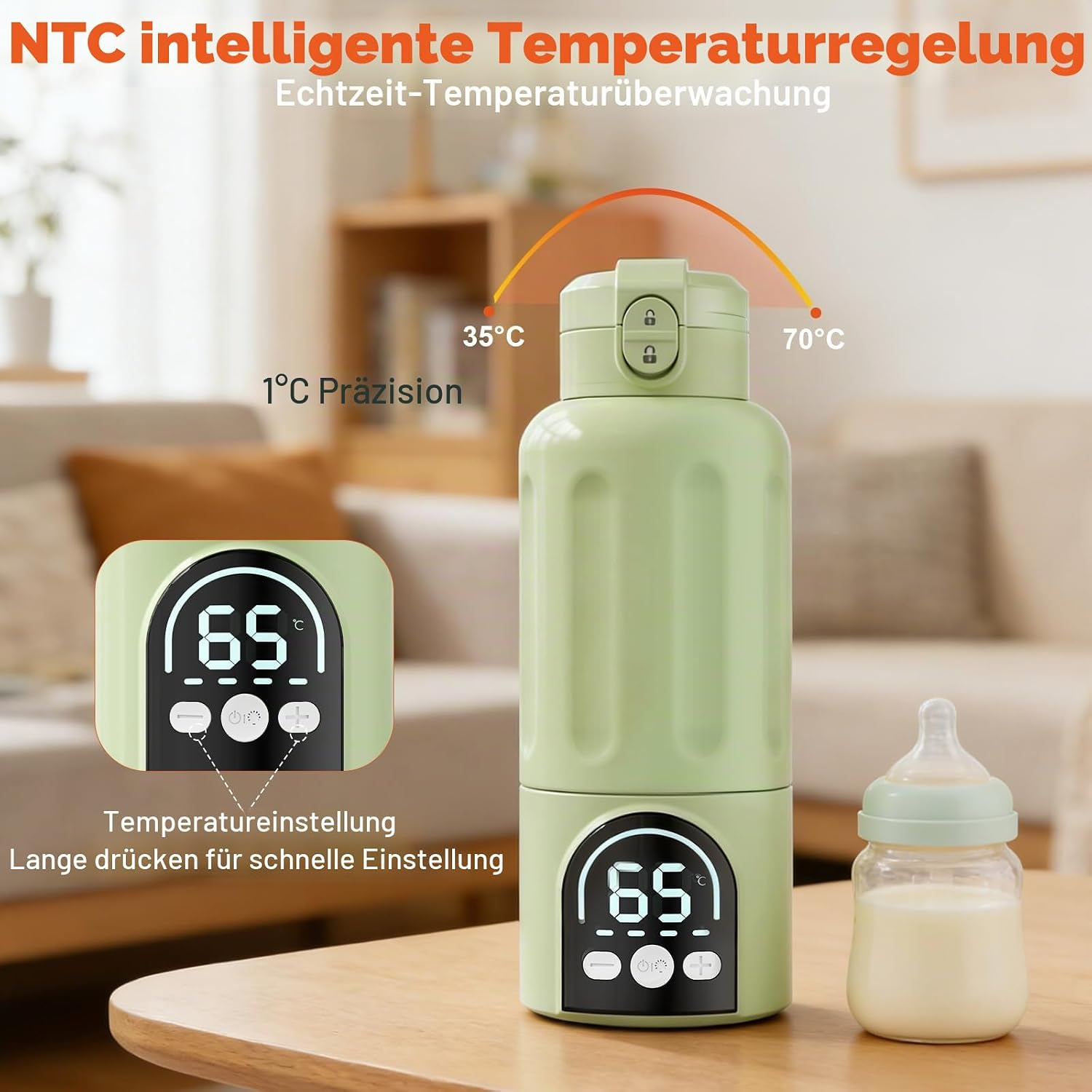 Grüne intelligente Thermoskanne mit digitaler Temperaturanzeige und Babyflasche auf einem Tisch in einem Wohnzimmer.