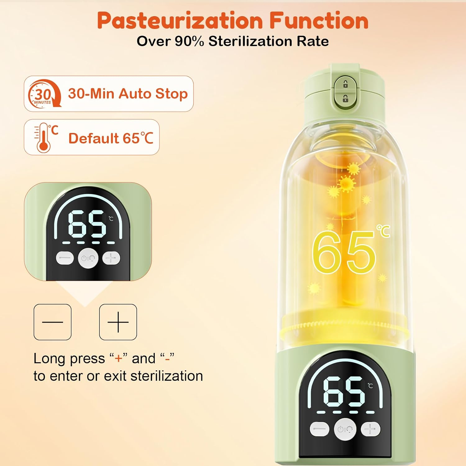 Eine grüne Pasteurisationsflasche mit Digitalanzeige, Stopp-Automatik und 65°C-Standardeinstellung.