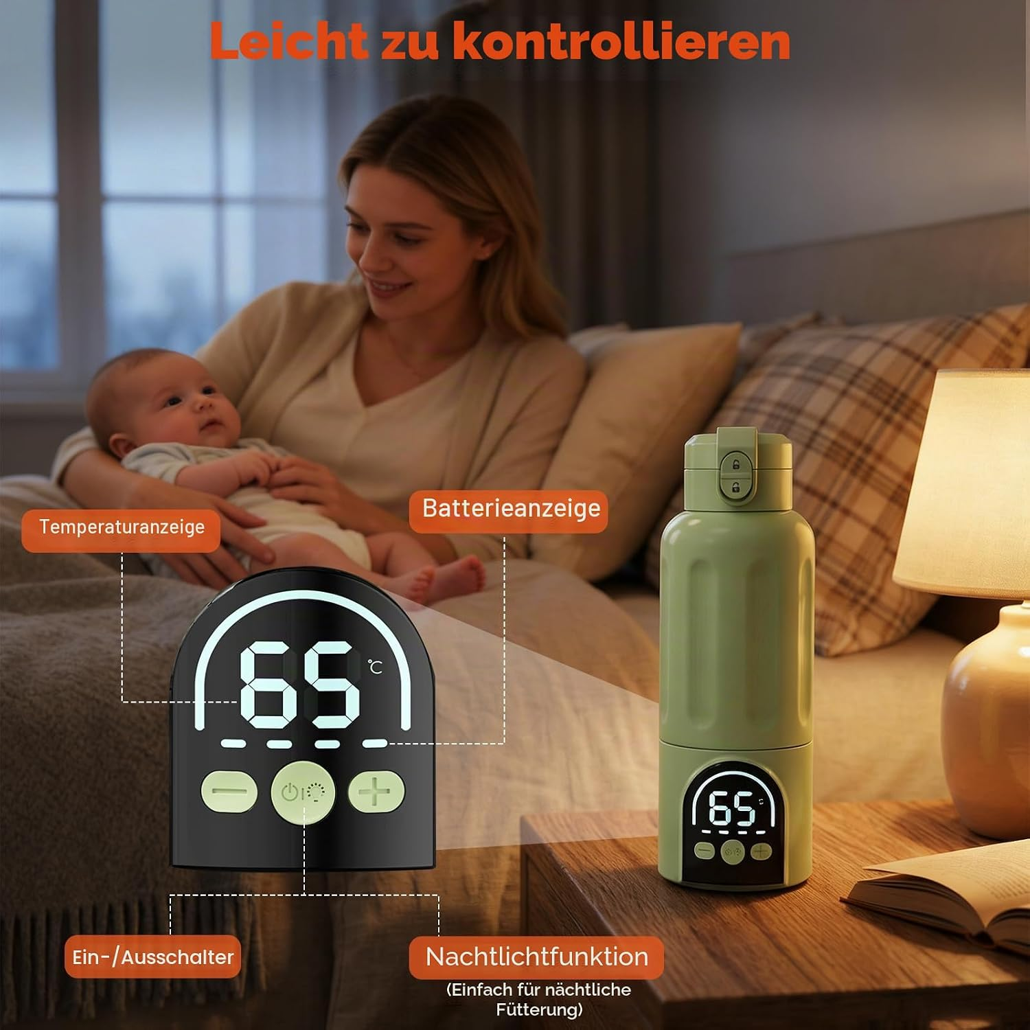 Eine Frau hält ein Baby im Bett, während eine grüne Thermosflasche mit digitalem Display auf dem Nachttisch steht.