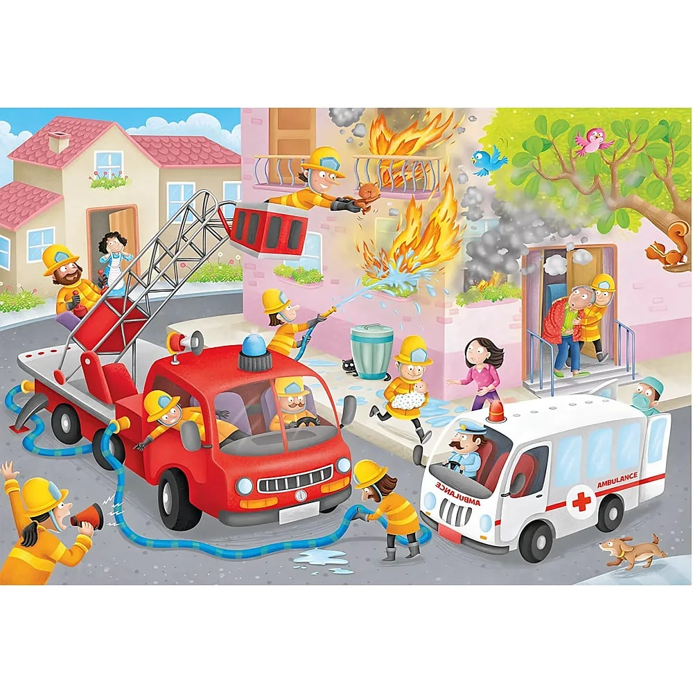 Feuerwehrleute löschen ein brennendes Haus, während ein Krankenwagen bereitsteht und Retter Menschen helfen.