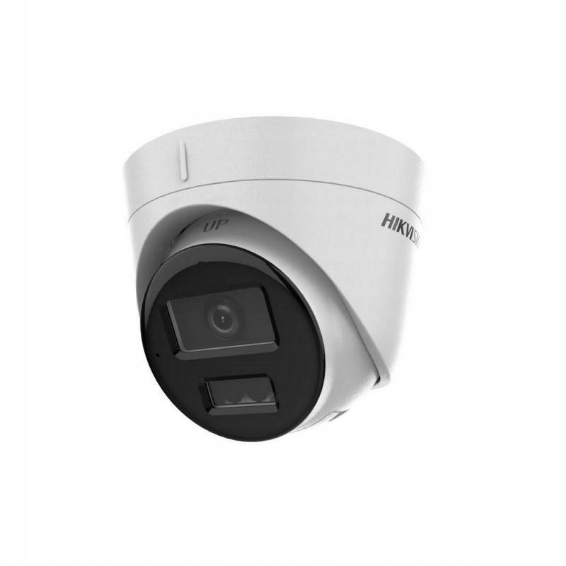Biała kamera kopułkowa Hikvision z czarnym modułem obiektywu na białym tle.