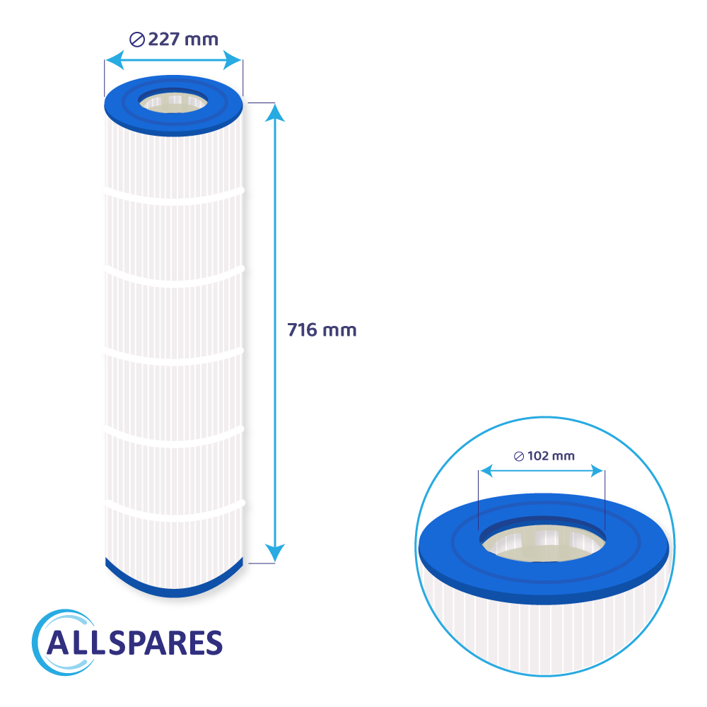 Technische Zeichnung eines zylindrischen weißen und blauen Filters mit Maßen von 227 mm Durchmesser und 716 mm Höhe.