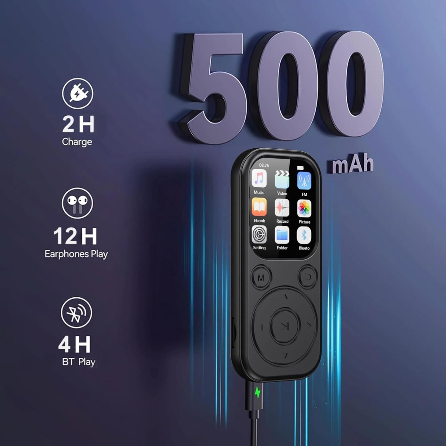 Schwarzer MP3-Player mit Farbdisplay und Tasten auf blauem Hintergrund mit Akkuangaben.
