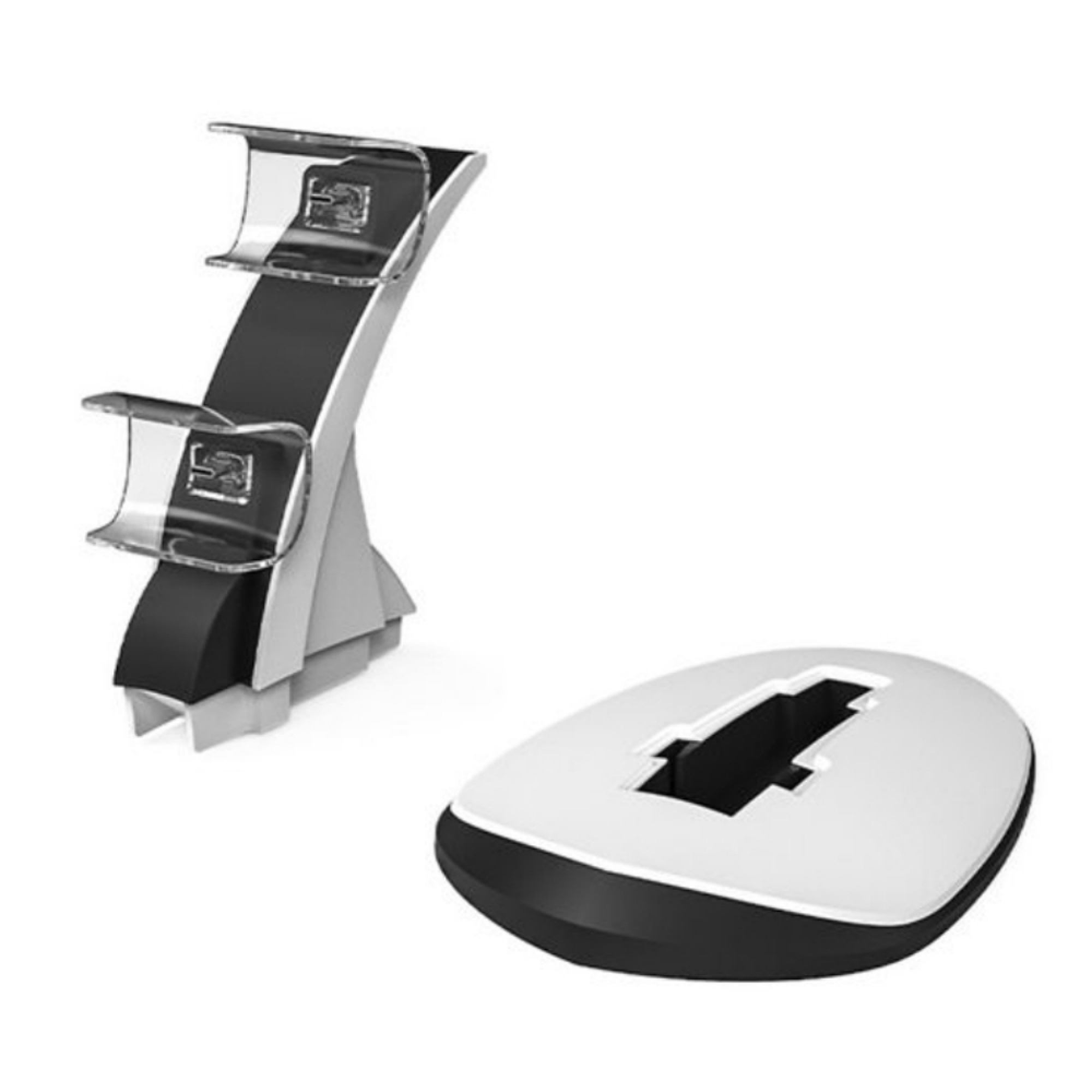 Ein schwarz-weißer Controller-Ständer mit zwei Halterungen und einer separaten Ladestation vor weißem Hintergrund.