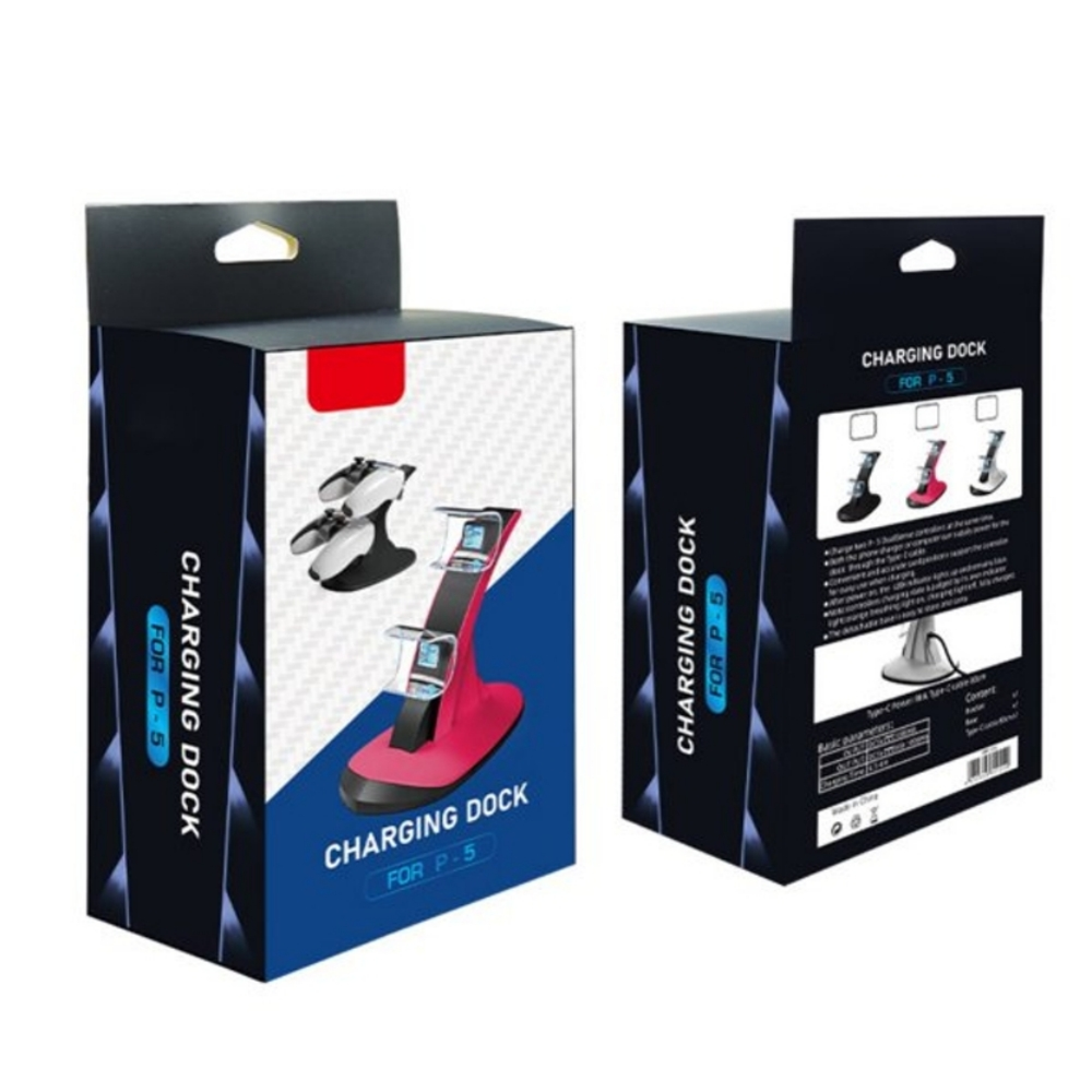 Vorder- und Rückansicht einer schwarz-blauen Verpackung für eine Spielekonsolen-Ladestation mit Produktbildern.