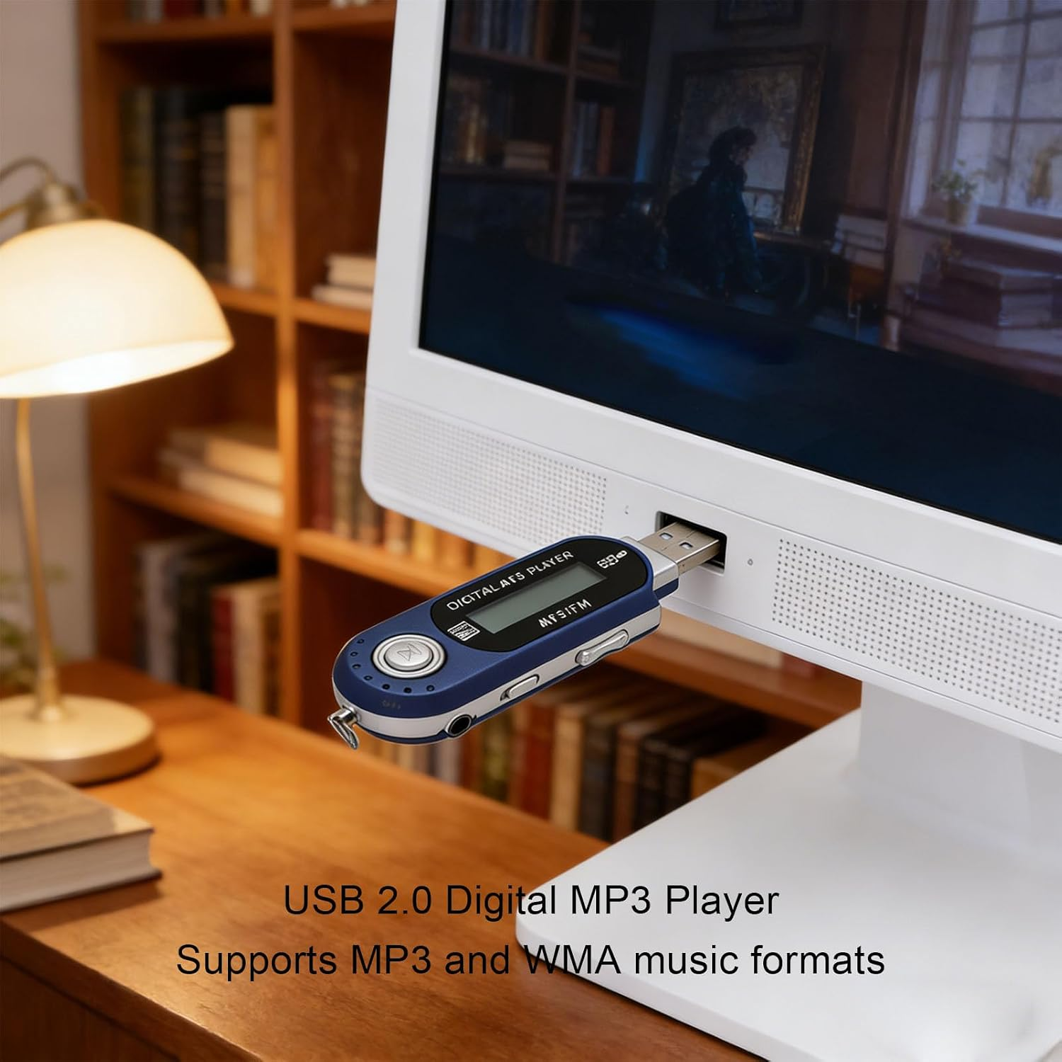 Ein blauer MP3-Player steckt im USB-Anschluss eines weißen Monitors auf einem Holzschreibtisch mit Lampe und Bücherregal.