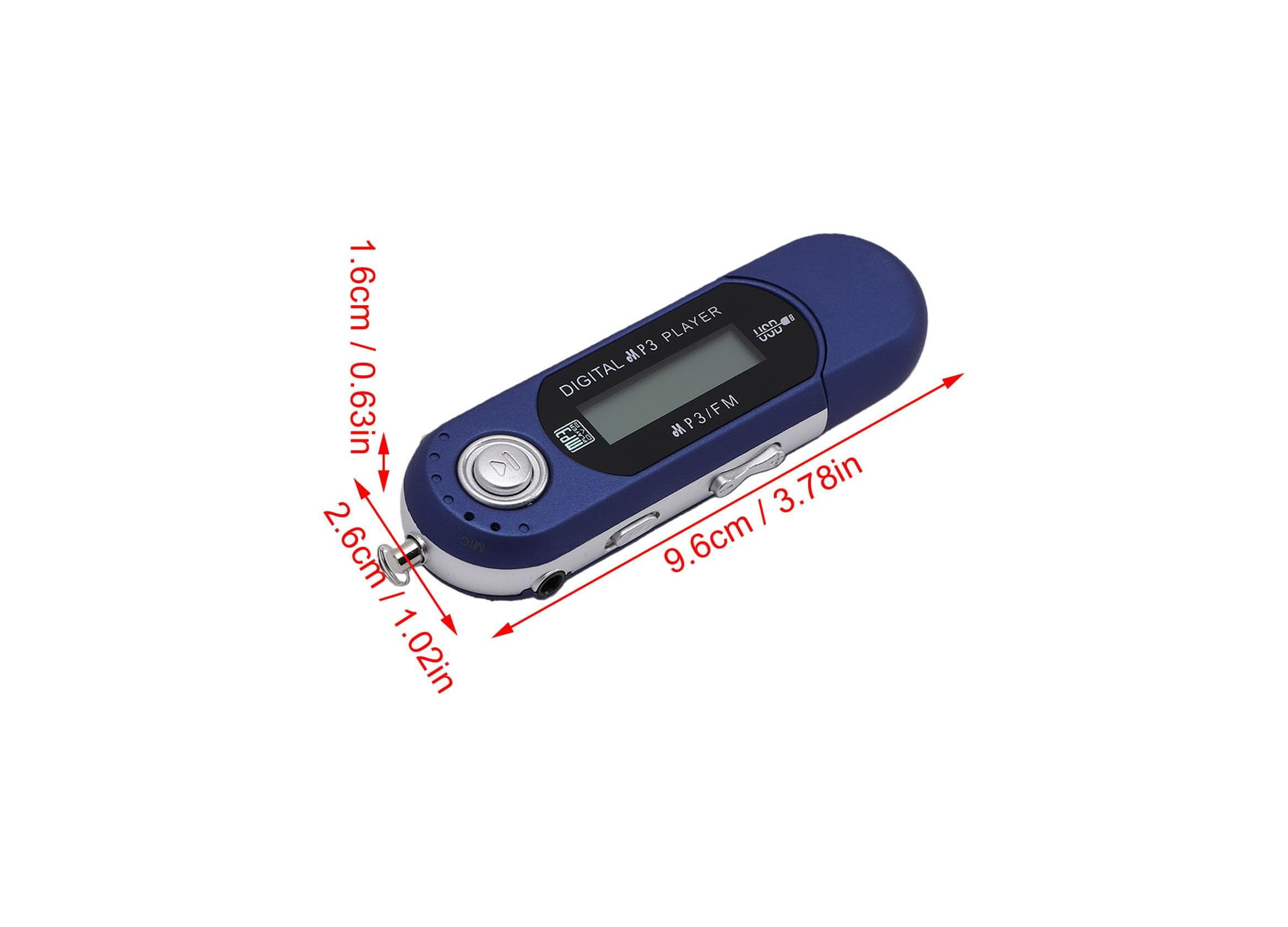 Ein blau-silberner digitaler MP3-Player mit Maßangaben für Länge, Breite und Dicke auf weißem Hintergrund.