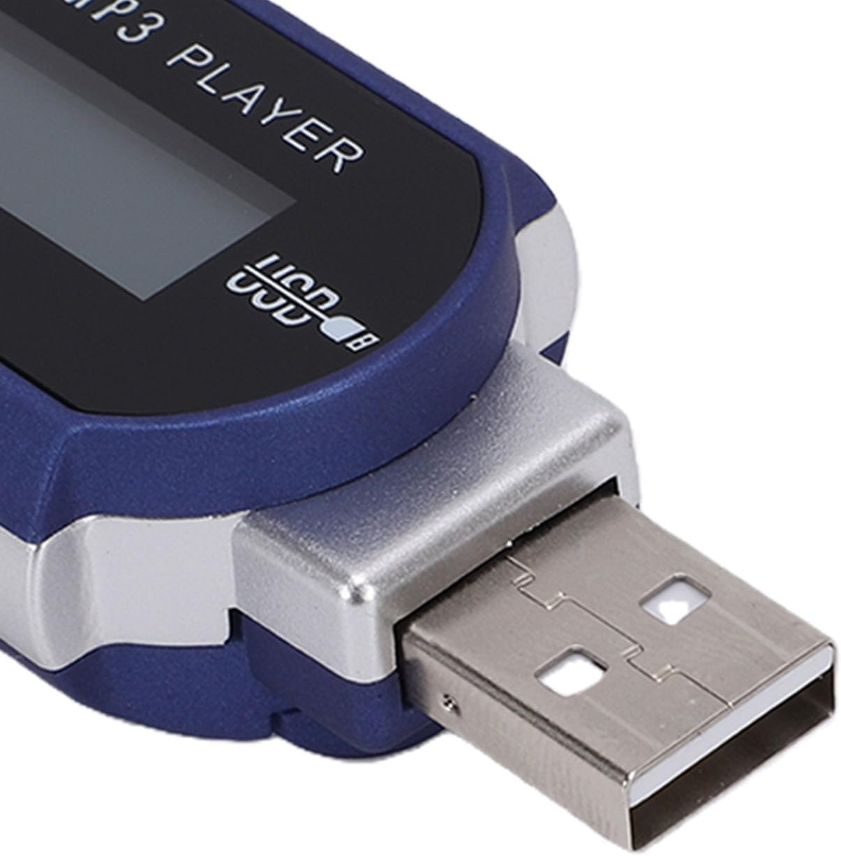 Ein blauer MP3-Player mit einem silbernen USB-Anschluss.