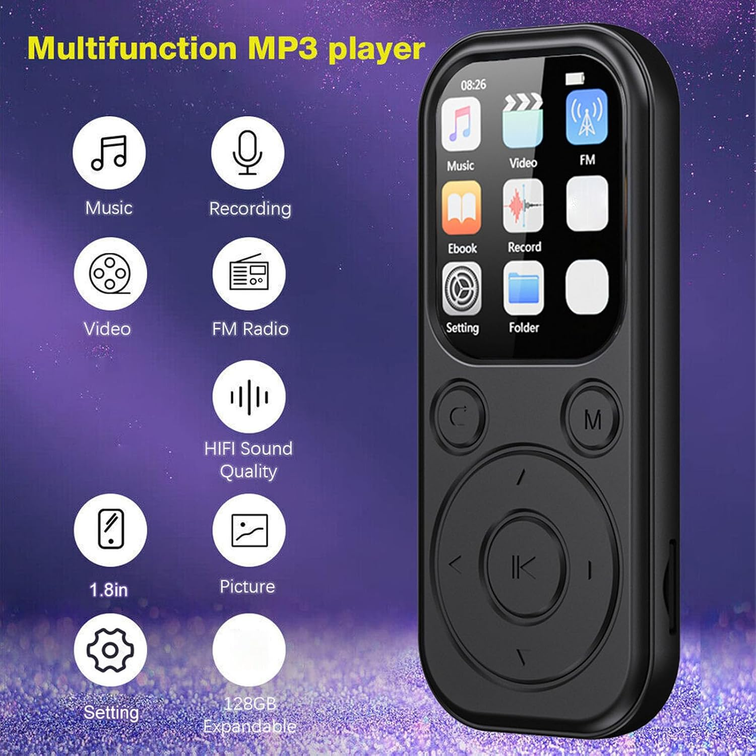 Ein schwarzer Multifunktions-MP3-Player mit Farbbildschirm, umgeben von Funktionssymbolen auf violettem Grund.