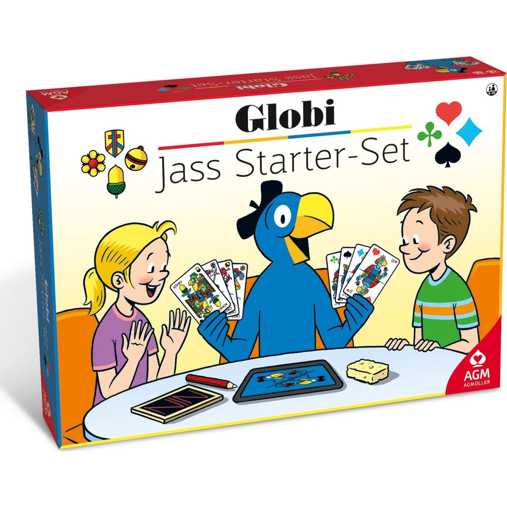 Boîte de jeu de cartes montrant Globi, une fille et un garçon assis autour d'une table tenant des cartes.