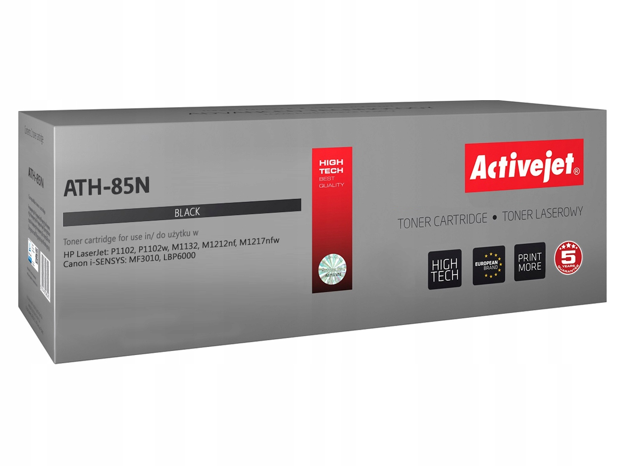 Szare pudełko z tonerem Activejet ATH-85N do drukarek laserowych z czerwonymi akcentami.