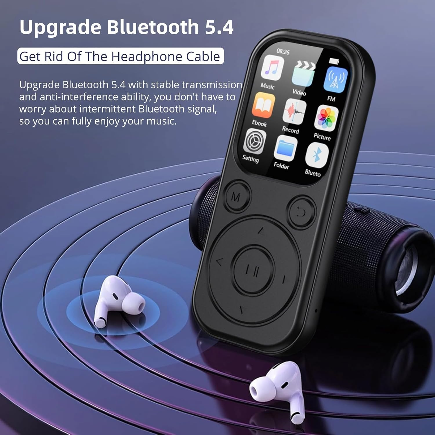 Schwarzer MP3-Player mit Touchscreen und weißen In-Ear-Kopfhörern auf blauem, kreisförmigem Hintergrund.