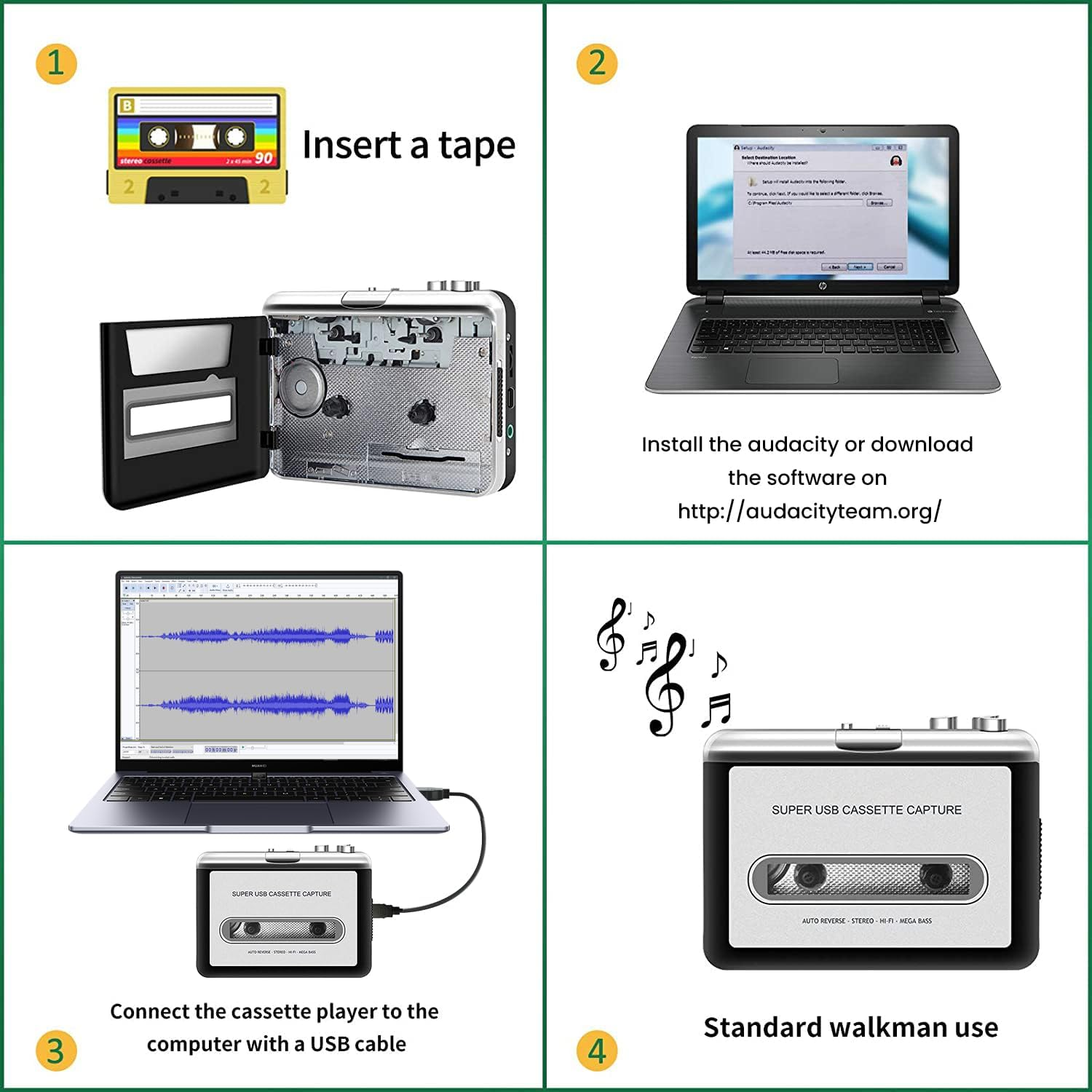 Vier Schritte zur Nutzung eines USB-Kassettenspielers mit einem Laptop.