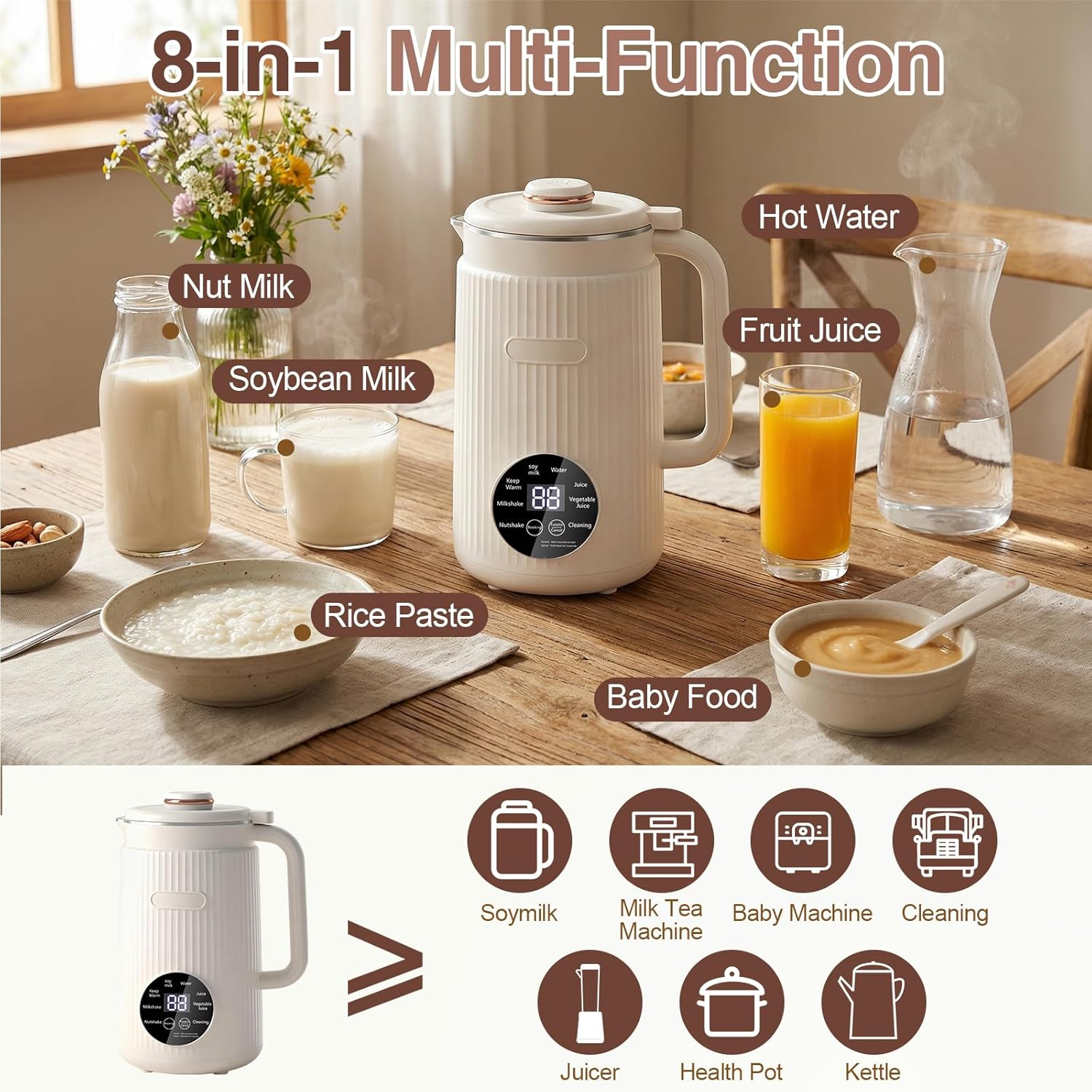 Ein weißer Multifunktionskocher auf einem Holztisch, umgeben von Lebensmitteln wie Milch, Saft und Brei.