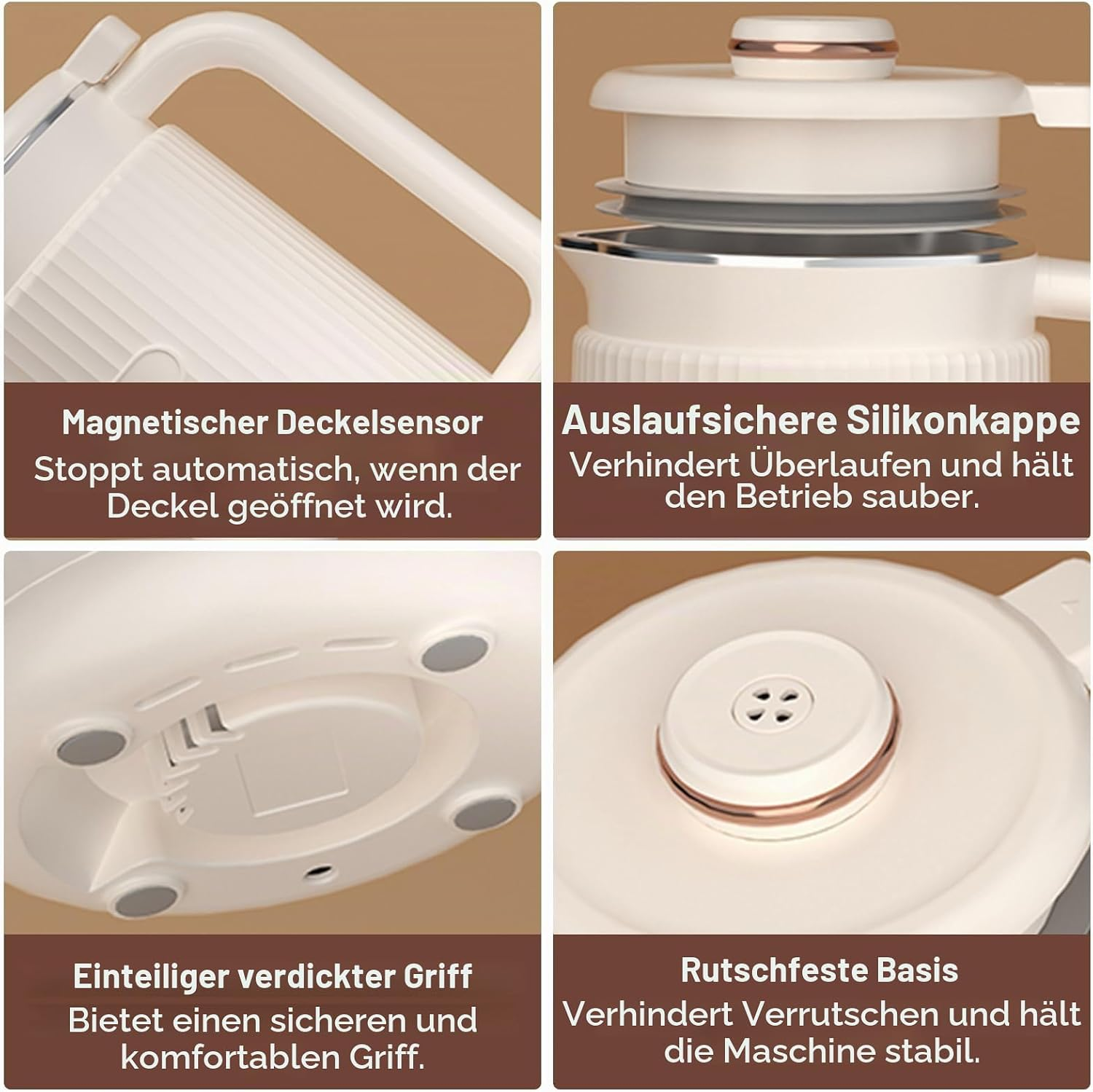 Vier Detailbilder eines weißen Küchengeräts mit Erklärungen auf Deutsch zu Griff, Sensor, Kappe und Basis.