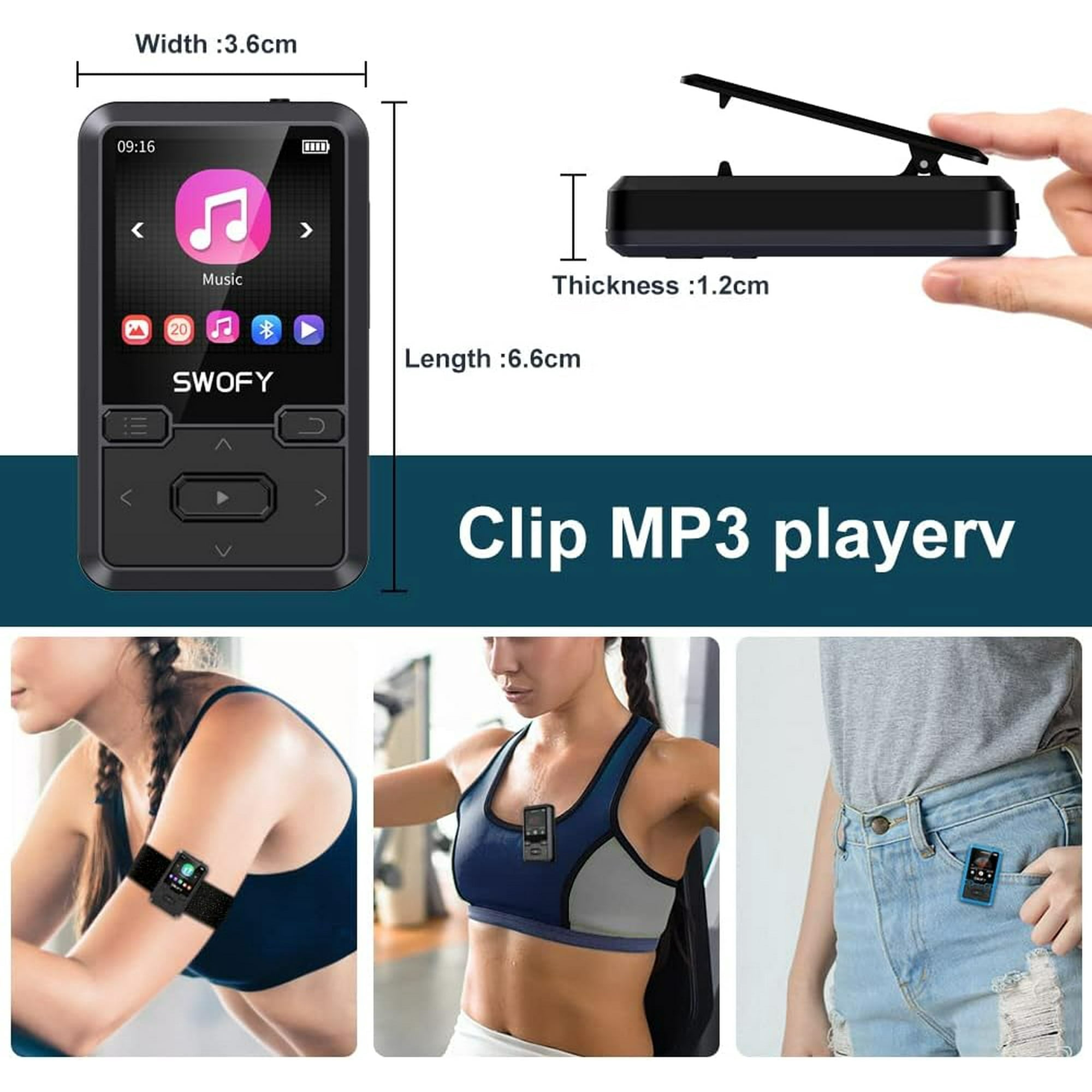 SWOFY Clip MP3-Player mit Maßangaben und drei Bildern von Menschen, die ihn beim Sport tragen.