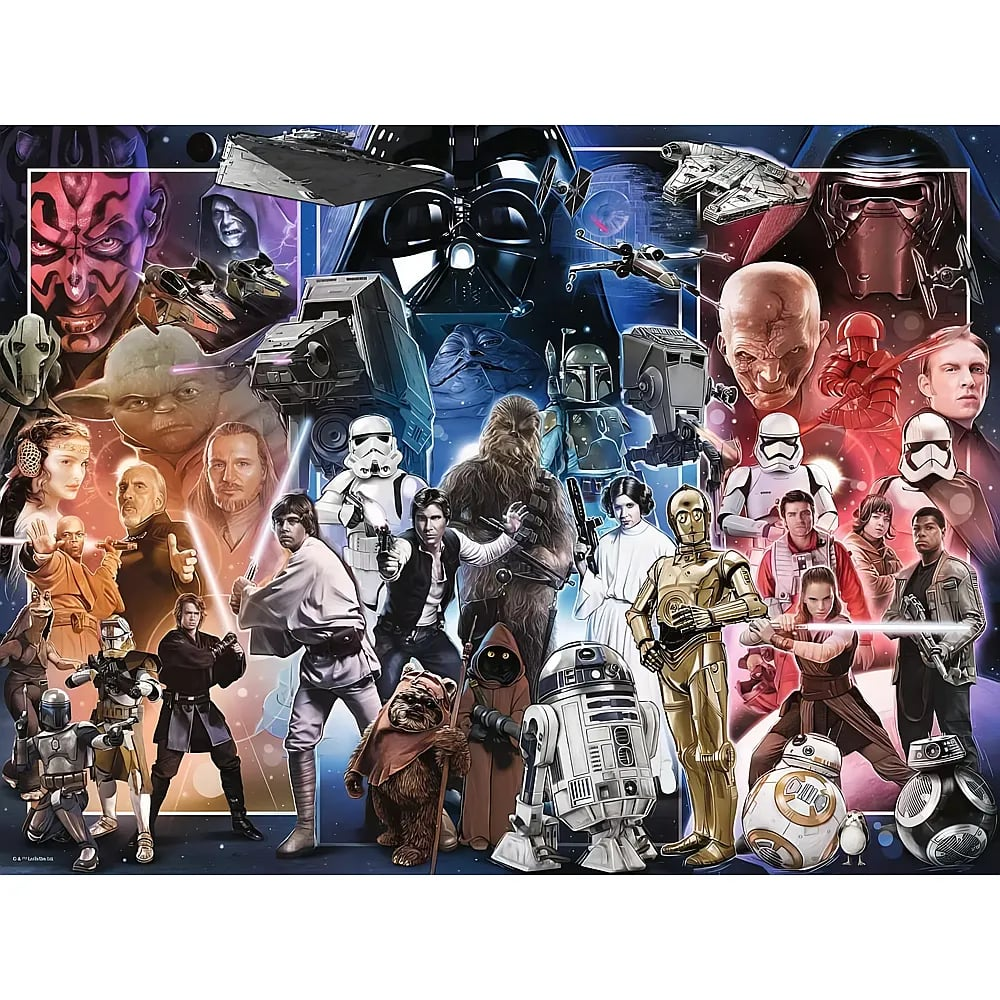 Eine collage aus verschiedenen Star Wars-Figuren, Raumschiffen und Schurken auf blauem Hintergrund.