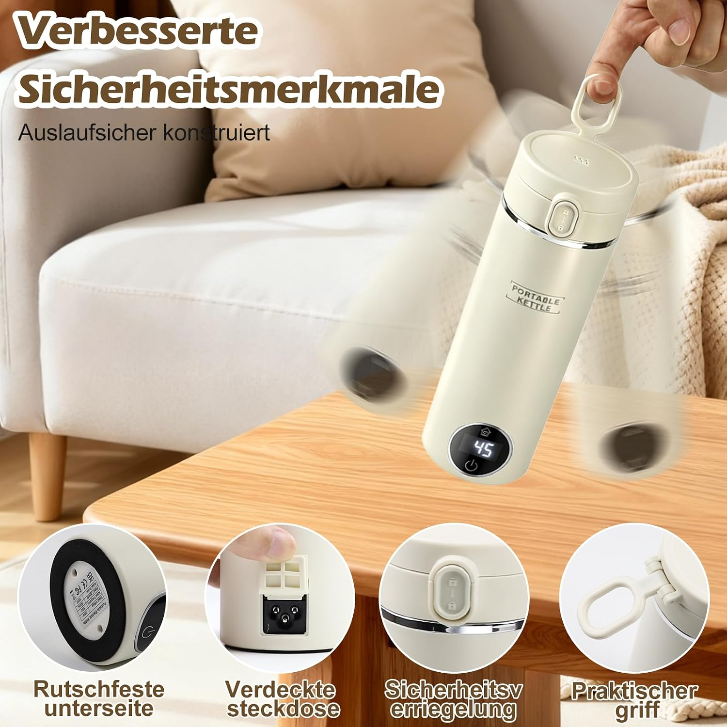 Beige tragbare Kanne wird geschuettelt, mit Detailansichten von Rutschfestigkeit, Steckdose, Verriegelung und Griff.