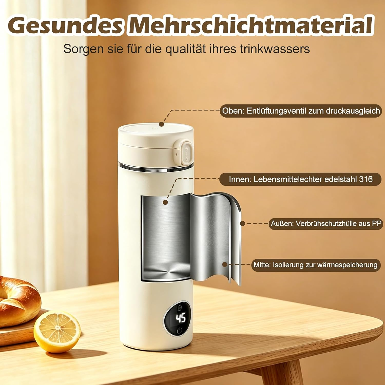 Diagramm einer mehrschichtigen Thermoskanne mit Edelstahl-Innenleben, Temperaturanzeige und Text auf Deutsch.