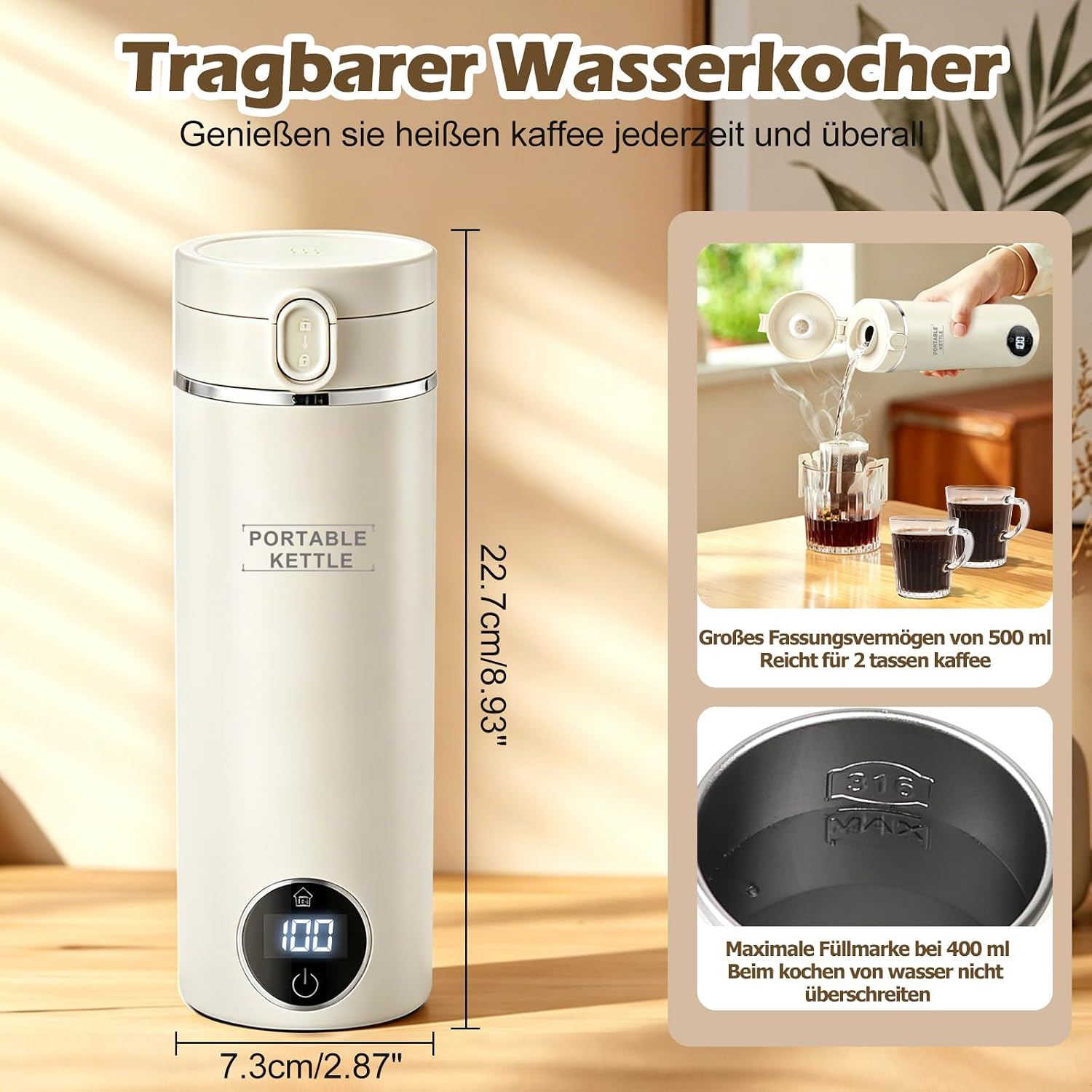 Ein beige tragbarer Wasserkocher mit Maßen, Digitalanzeige und Einsatzfotos zur Nutzung und Innenansicht.