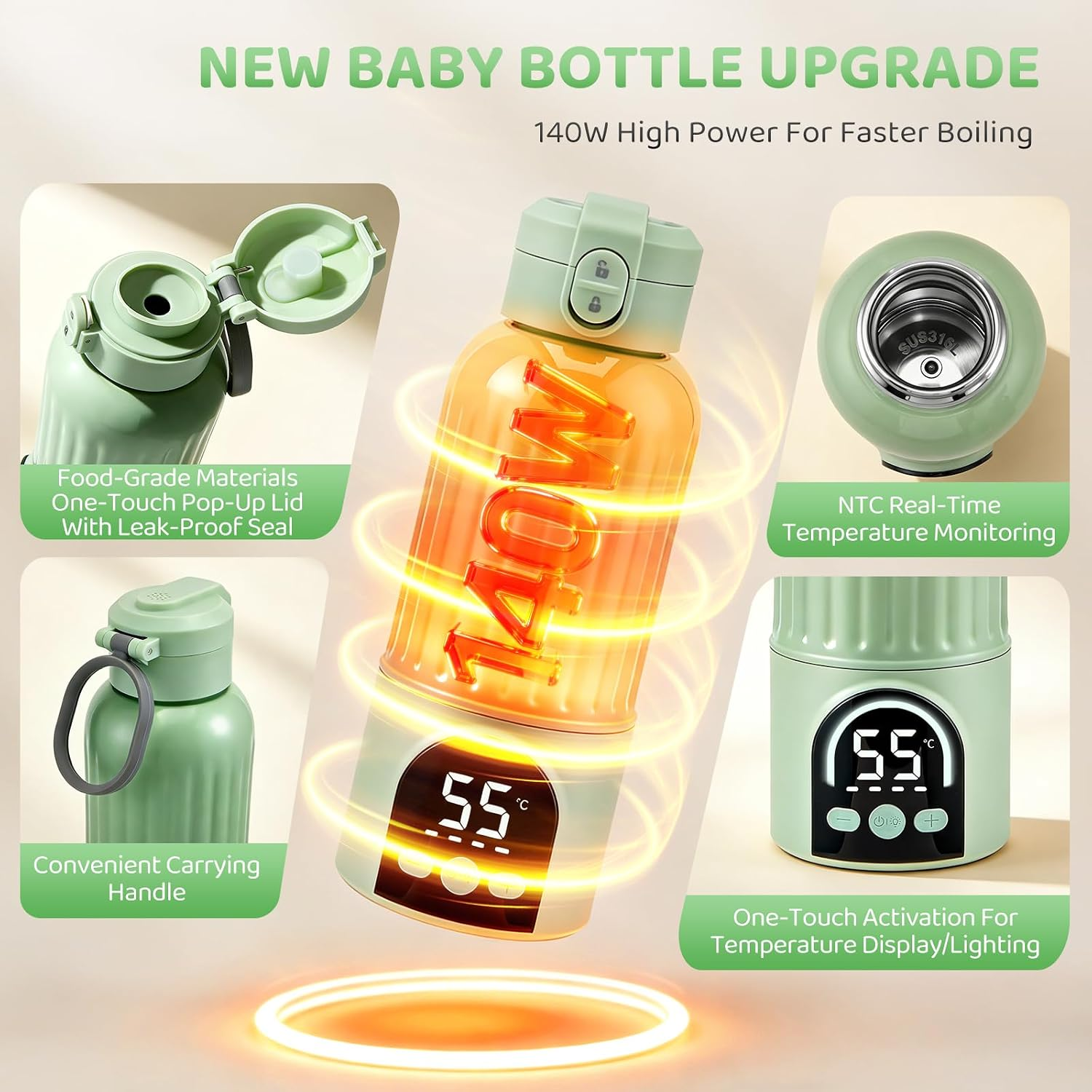 Eine grüne intelligente Babyflasche mit Temperaturanzeige, 140W Schnellkochen und verschiedenen Produktmerkmalen.