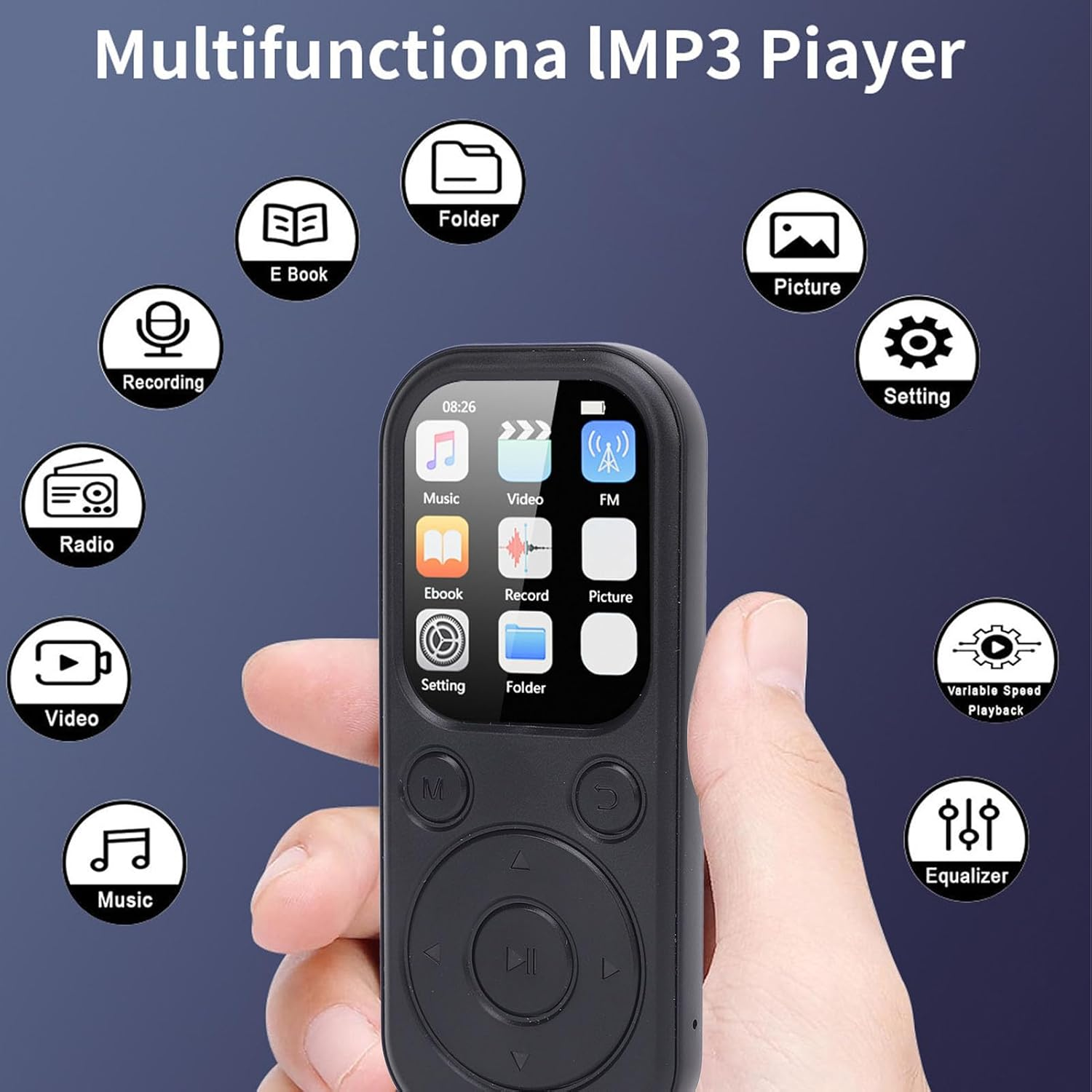 Eine Hand hält einen schwarzen MP3-Player, umgeben von runden Symbolen, die Funktionen wie Musik und Radio zeigen.