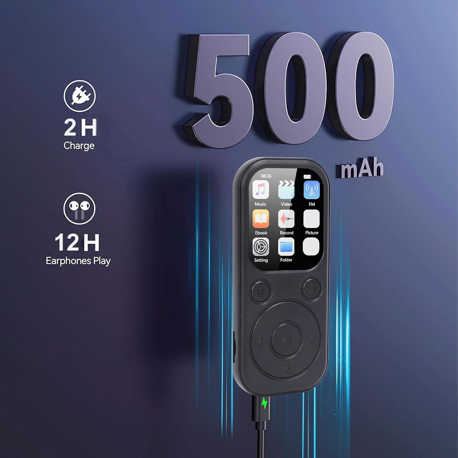 Schwarzer MP3-Player mit Farbdisplay, runden Tasten und Texten zu Akkulaufzeit vor blauem Hintergrund.
