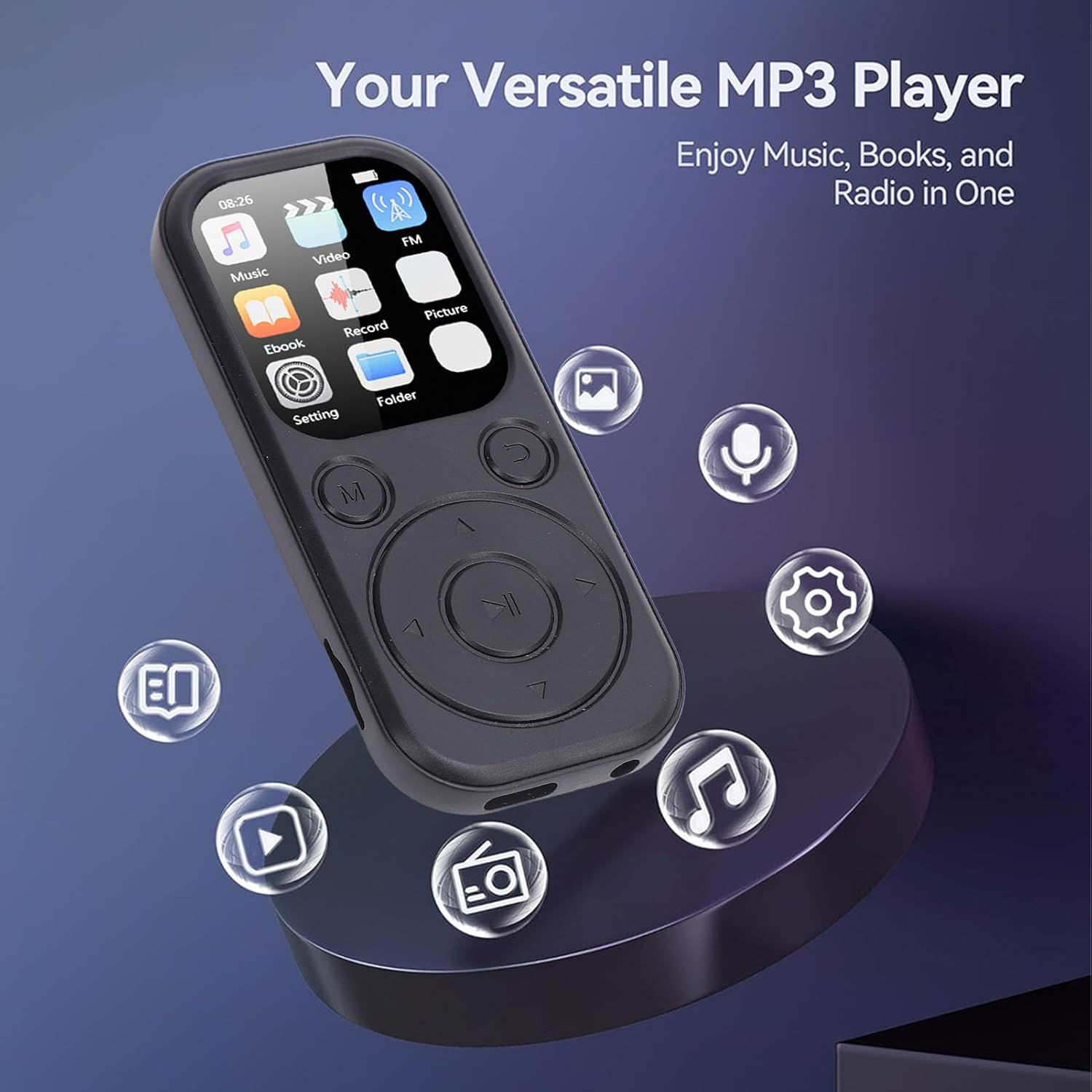 Ein schwarzer MP3-Player mit Touchscreen und Navigationstasten vor dunkelblauem Hintergrund mit schwebenden Symbolen.