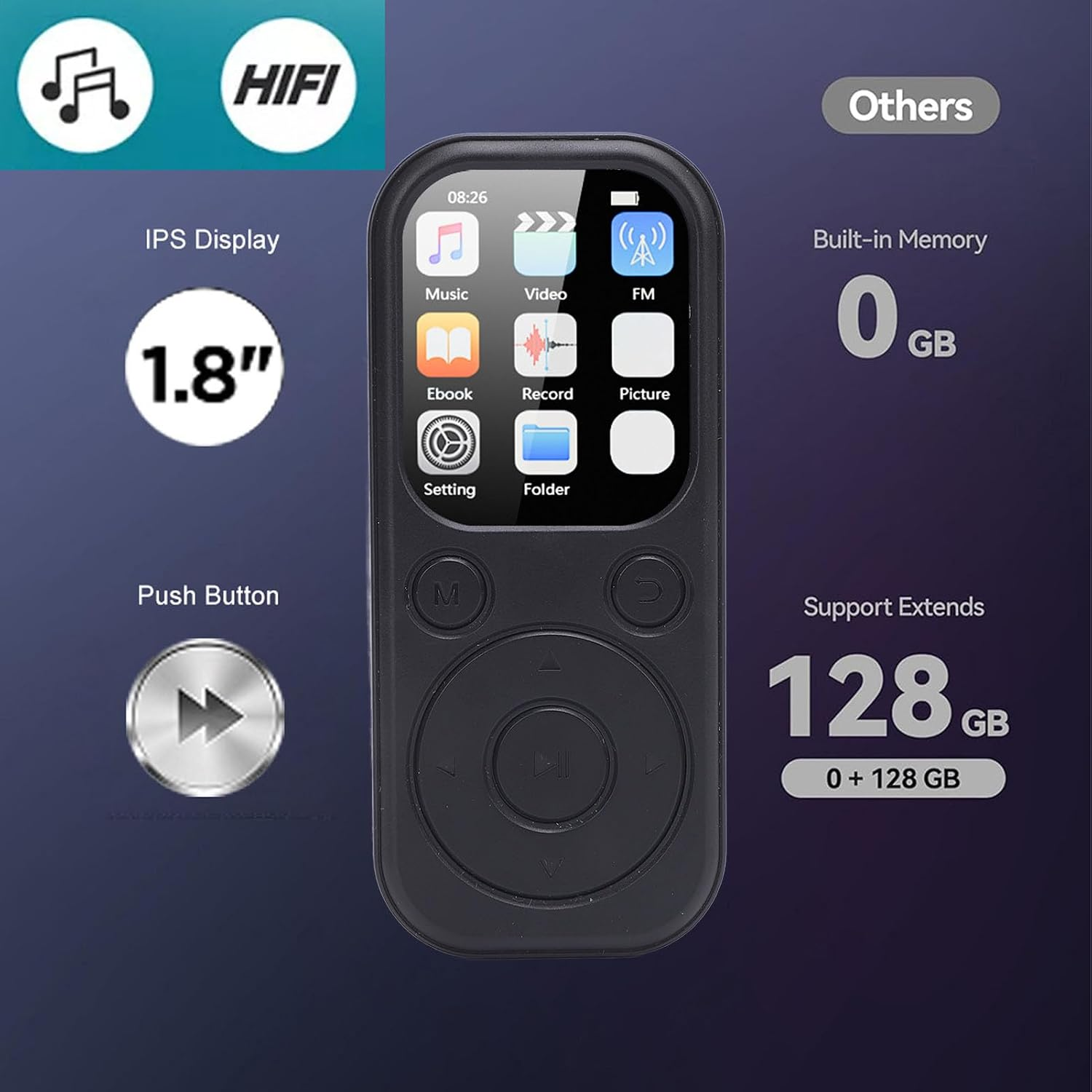 Schwarzer MP3-Player mit 1,8-Zoll-Display und Menüsymbolen auf violettem Hintergrund.