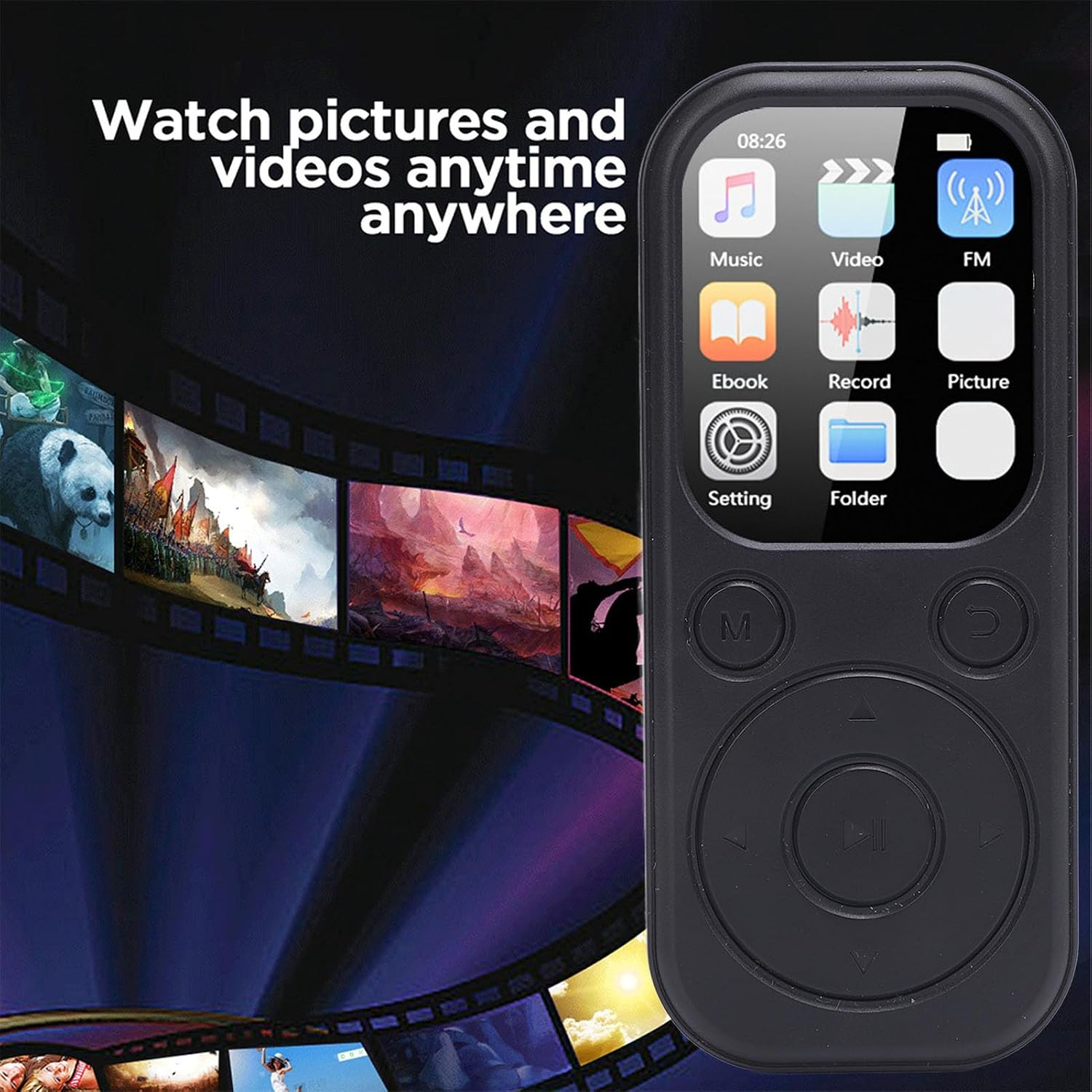 Ein schwarzer MP3-Player mit Farbdisplay zeigt Menüsymbole vor einer geschwungenen Filmstreifenhintergrundgrafik.