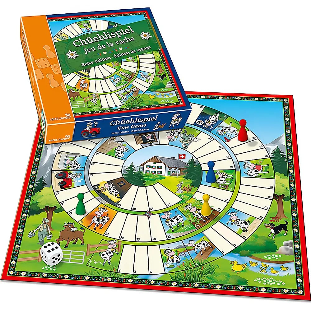 Un jeu de société de vaches suisse avec plateau coloré, boîte, dés et pions sur fond blanc.