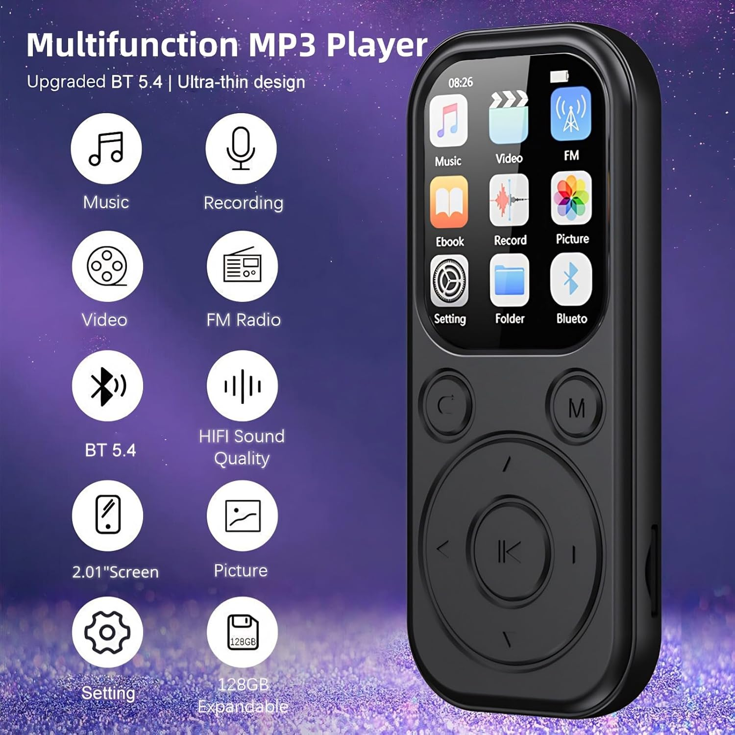 Ein schwarzer Multifunktions-MP3-Player mit Display und Steuertasten, umgeben von Funktionssymbolen.