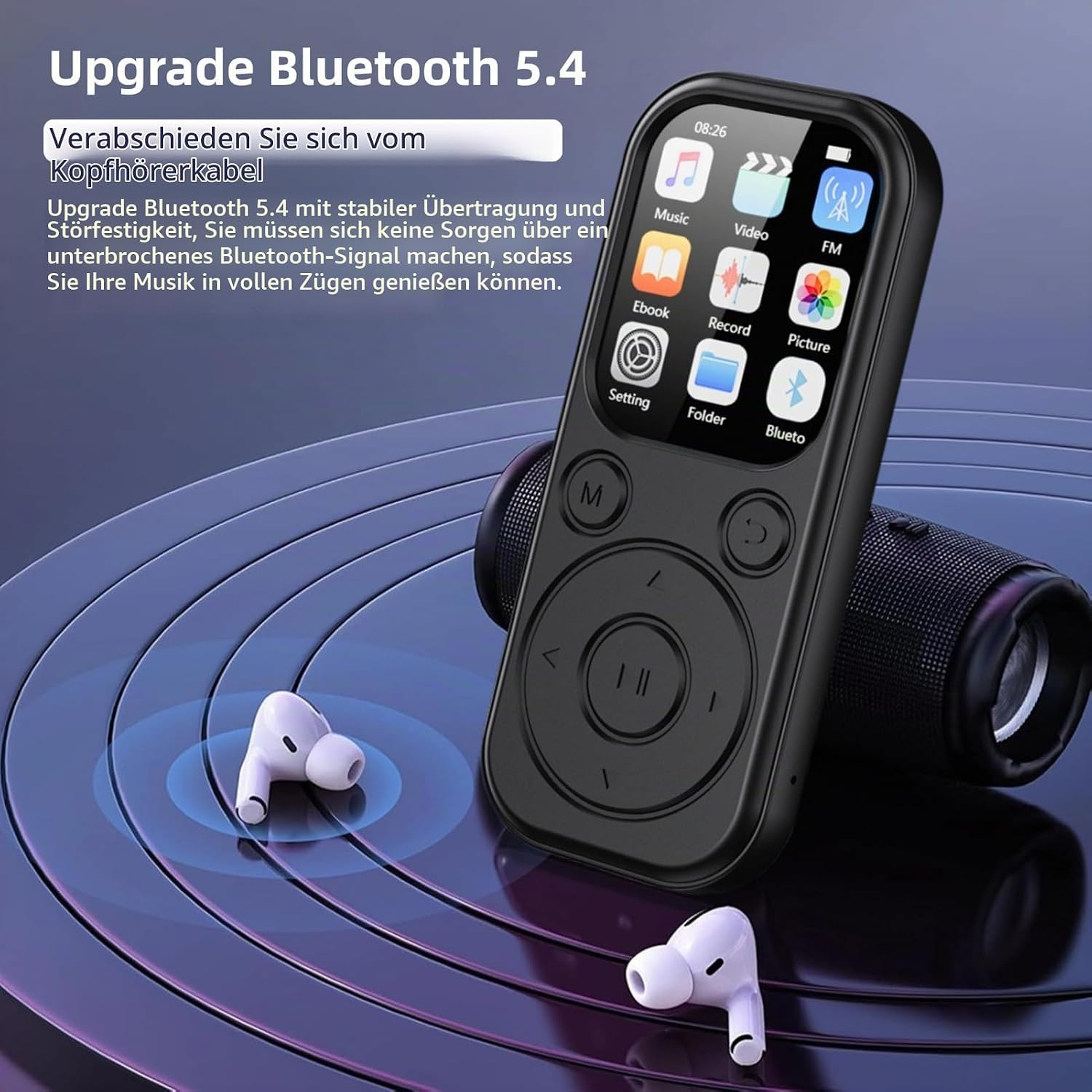 Ein schwarzer MP3-Player, weiße Ohrstöpsel und ein Zylinder auf lilafarbenem Hintergrund.
