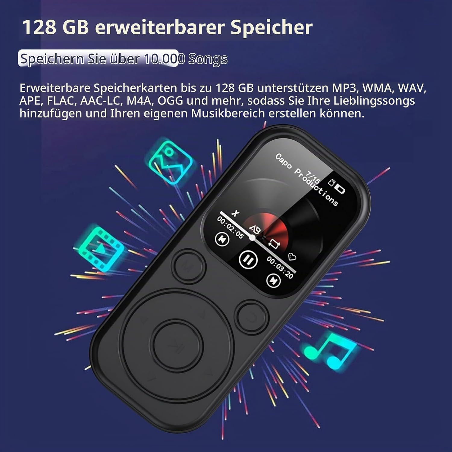 Ein schwarzer MP3-Player mit Display auf blauem Hintergrund mit bunten Linien und Text.