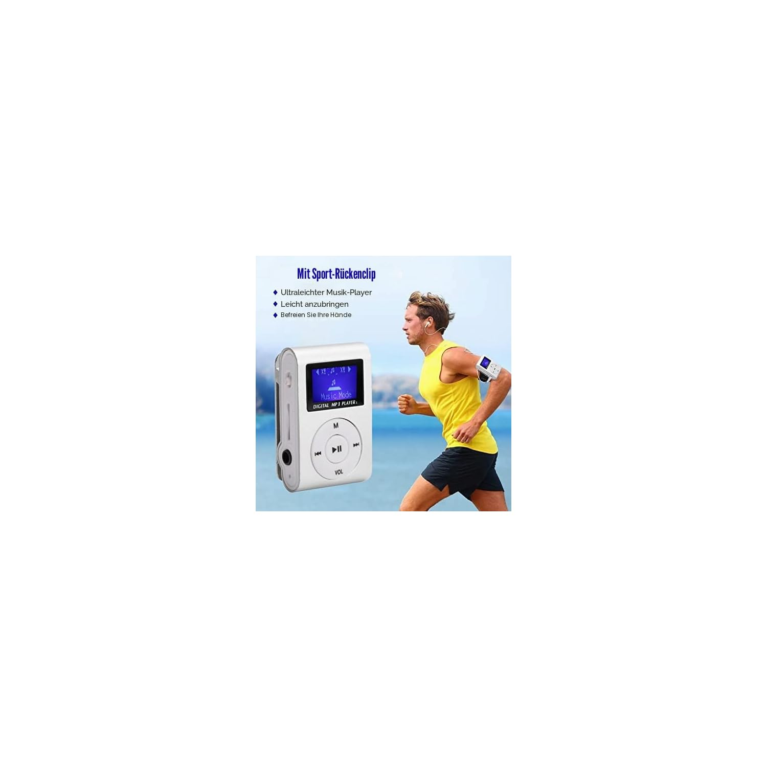 Ein Läufer im gelben Tanktop und ein weißer MP3-Player mit Display vor Meereshintergrund.