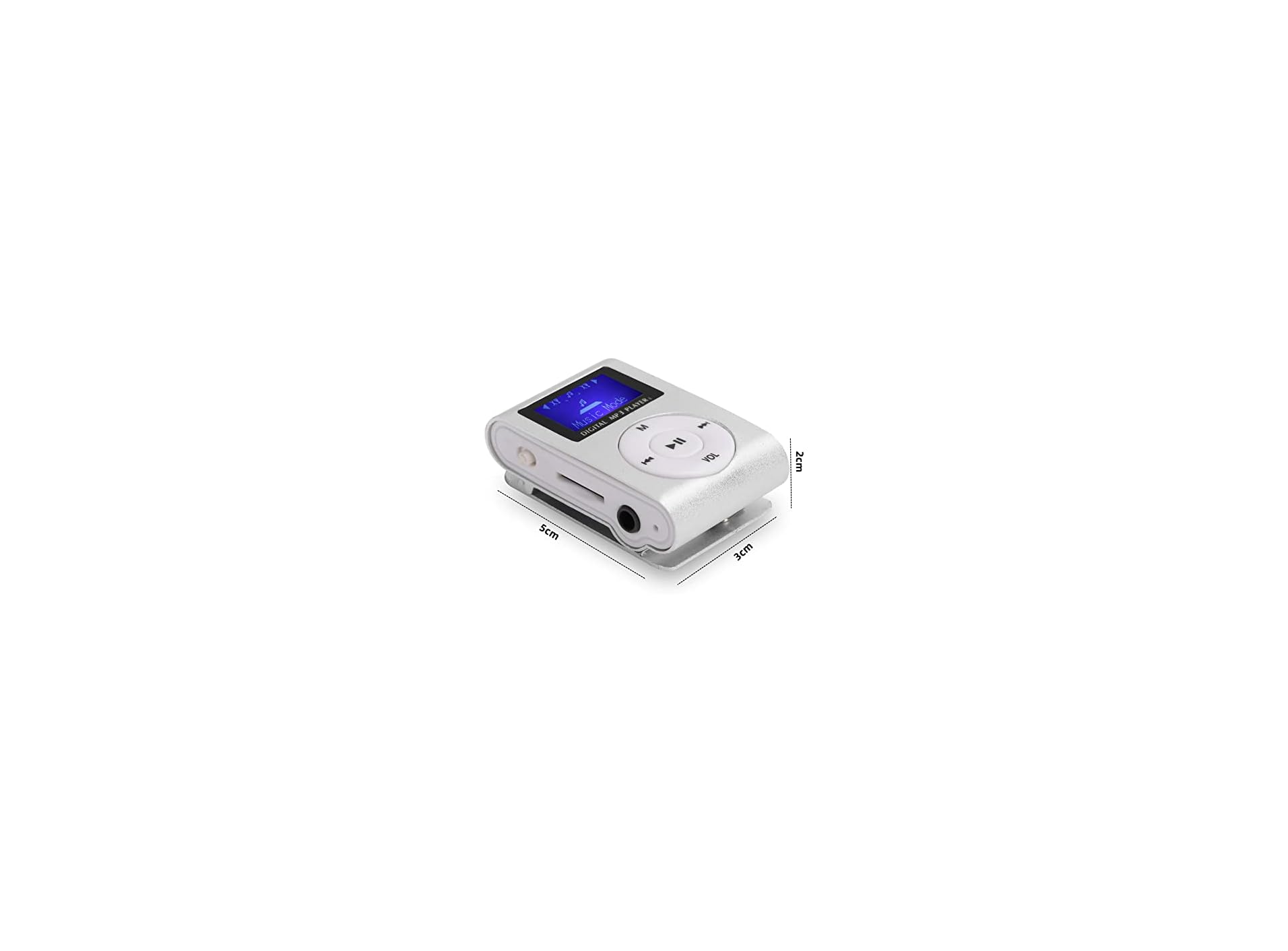 Ein kleiner silberner digitaler MP3-Player mit blauem Bildschirm und den Maßen 5x3x2 cm auf weißem Hintergrund.